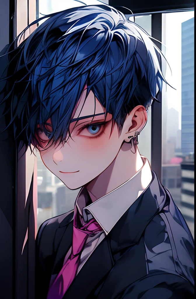 1kpop boy with tatoos, thin body, blue hair, cute smile, fade cut hair, business suit, jacket, white shirt, necktie, pants, best quality, hires, detailed face, office, buildings from window, detailed background, diffused sunlight, depth of field, bokeh, photographic shot