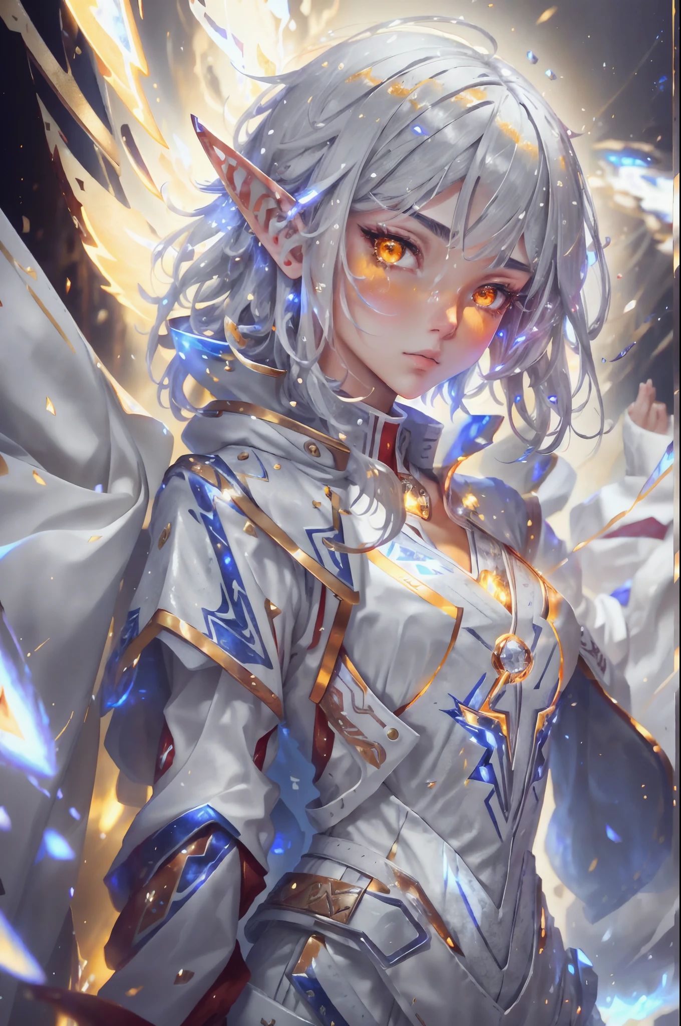 Digital Ilustration, Anime style, Woman, ((elf)), 1girl, beautiful, (tired, sad):1.4),(grey hair, bob cut, ((fine facial features)),),(white outfit, red outfit accents, assasin-style outfit, military coat, pants, boots),(glowing yellow eyes:1.2),elemental mage engulfed in blue flames and yellow lightning, chromatic chaos, gold and ice tones, depth of field, beautiful, highly detailed, hyperrealistic, cinematic lighting, clear, space background, cinematic lighting soft, (backlight: 1.2), (flowering: 1.2), (bright light: 1.1), (chromatic aberration: 1.2), sharp focus, high contrast ,masterpiece, photorealistic, (full body shot:1.3)