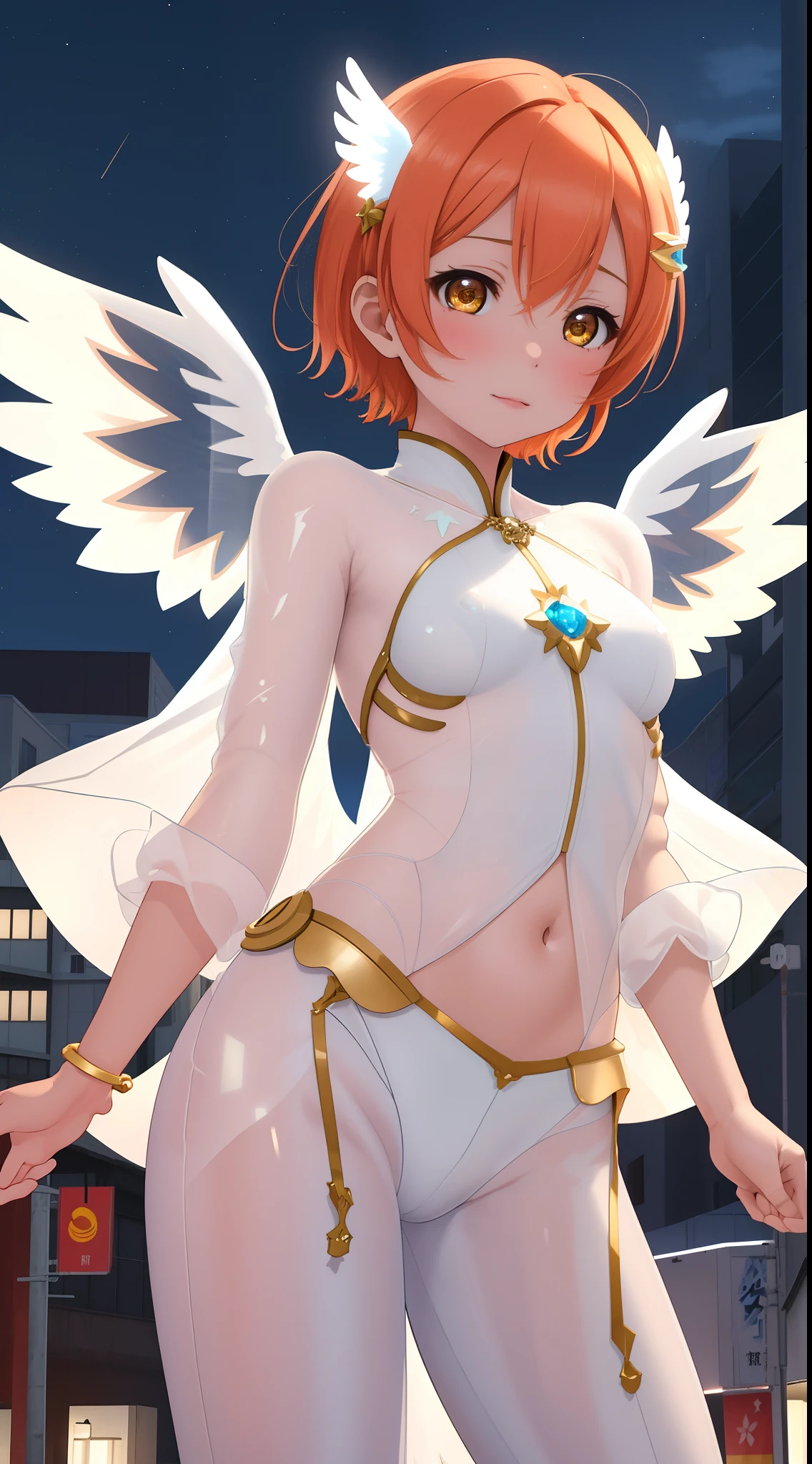 Masterpiece, Hoshizora rin, hair ornament,a beautiful urban female model, white transparent clothes standing under empty night stars, disappearing transparent pants, standing, facial details, detailed body part details, 8k wallpaper, (skin tight), angelic wings