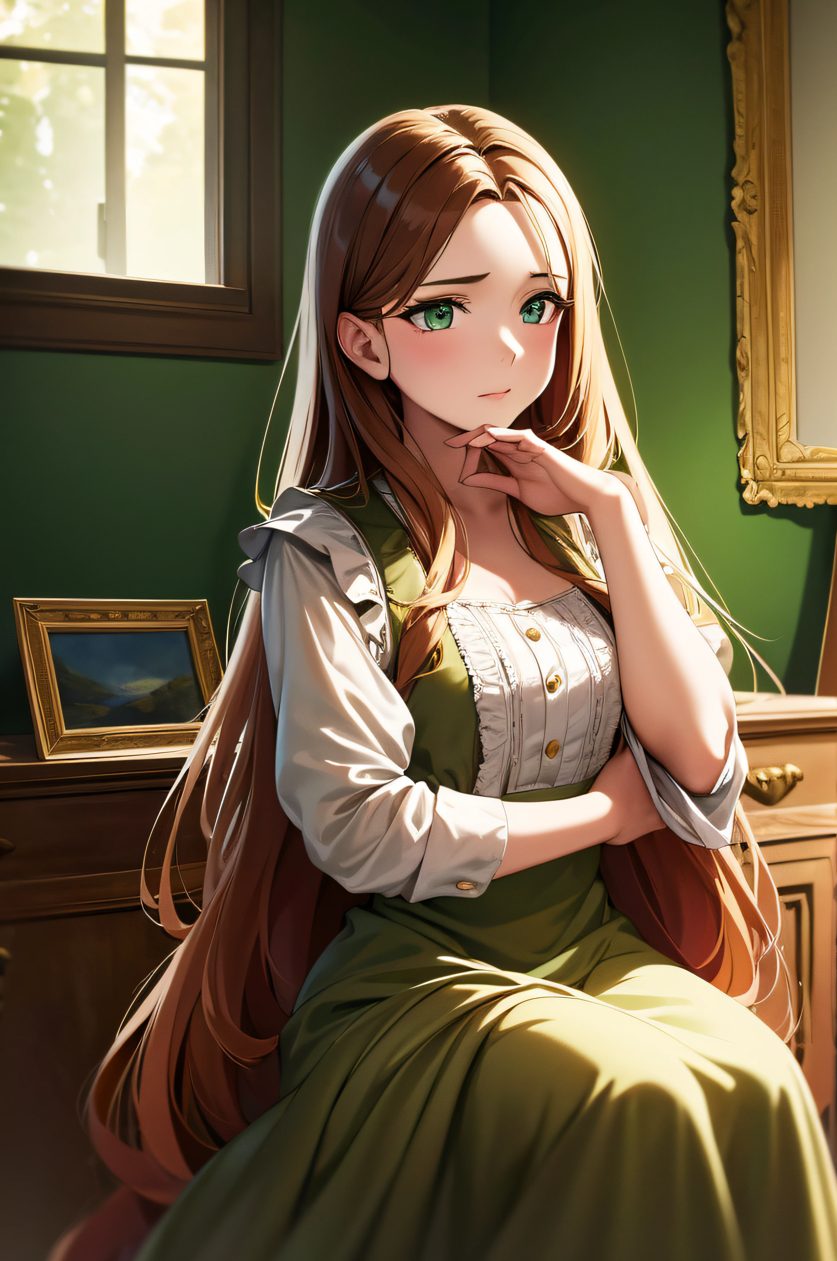 beautiful girl with green eyes, extremely long chestnut hair, in a maid dress,illustration,oil painting,[vintage furniture],[lush garden],(best quality,4k,8k,highres,masterpiece:1.2),ultra-detailed,realistic:1.37,[classical portraits],[soft color palette],soft lighting