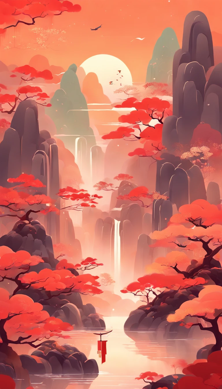 Chinese New Year's Day，Chinese landscape, abstract paintings, Zen, Amy Sol style, With a cover art of light abstraction, Simple vector art, Contemporary Chinese art, Gradient of color, Soft color palette, layered forms, Whimsical animation, The style is ethereal and abstract