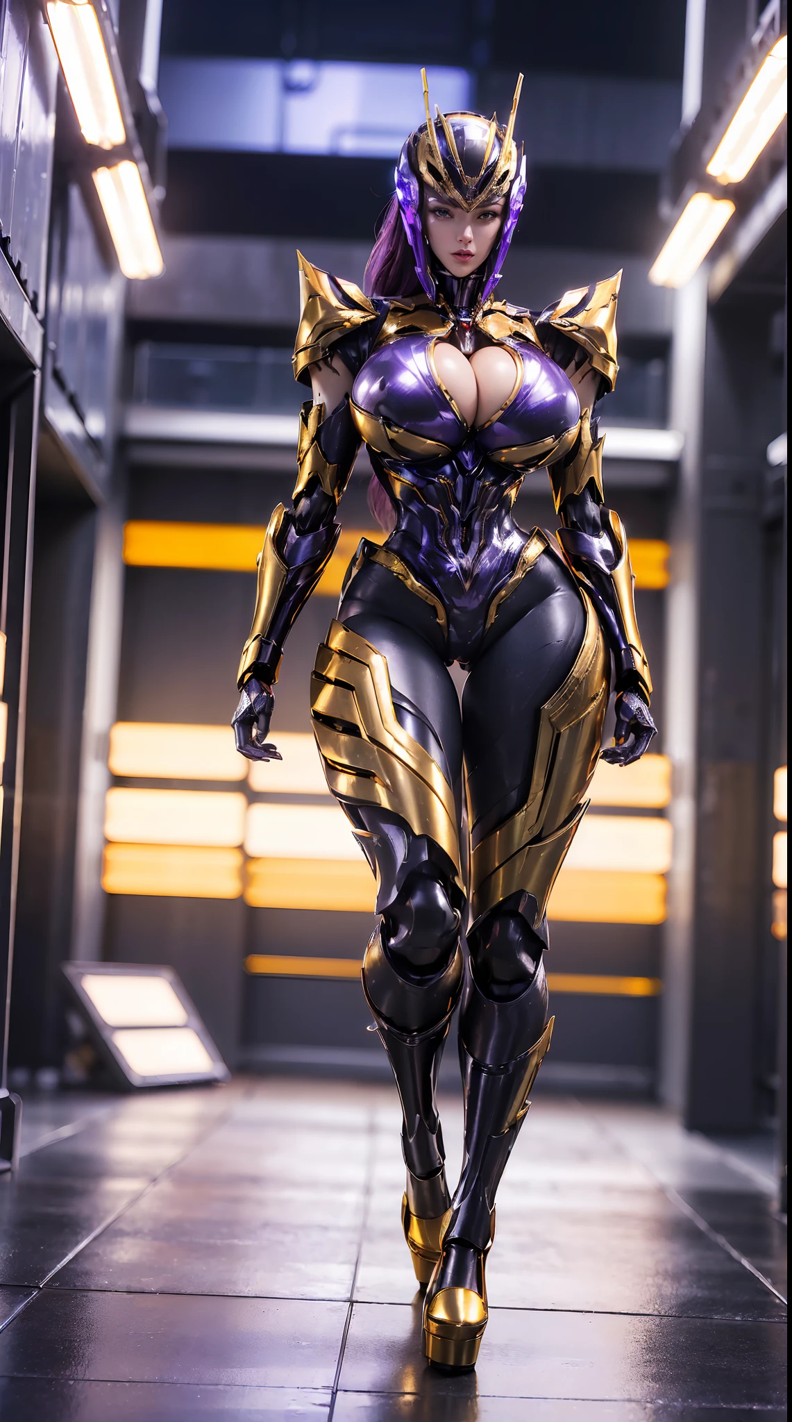 (1GIRL, SOLO), (super detailed face, red_libs, black_hair), (Phoenix mecha helmet:1.2), (BIG BUTTOCKS, MUSCLE ABS, HUGE BOOBS:1.5), (MECHA GUARD ARM:1.3), (white, purple, gold, MECHA CYBER SHINY ARMORED SUIT, CLEAVAGE, BLACK MECHA SKINTIGHT SUIT PANTS, DIAMOND CORE IN ARMOR, MECHA GUARD ARMOR LEGS, MECHA HIGH HEELS:1.5), (MUSCULAR BODY, SEXY LONG LEGS, HALF BODY:1), (LOOKING AT VIEWER:1.3), (famale focus:0.786), (WALKING DOWN HALLWAY OF FUTURISTIC SPACE STATION:1), (BRIGHT LIGHTING:1.3), PHYSICALLY-BASED RENDERING, ULTRA HIGHT DEFINITION, 16K, 1080P.