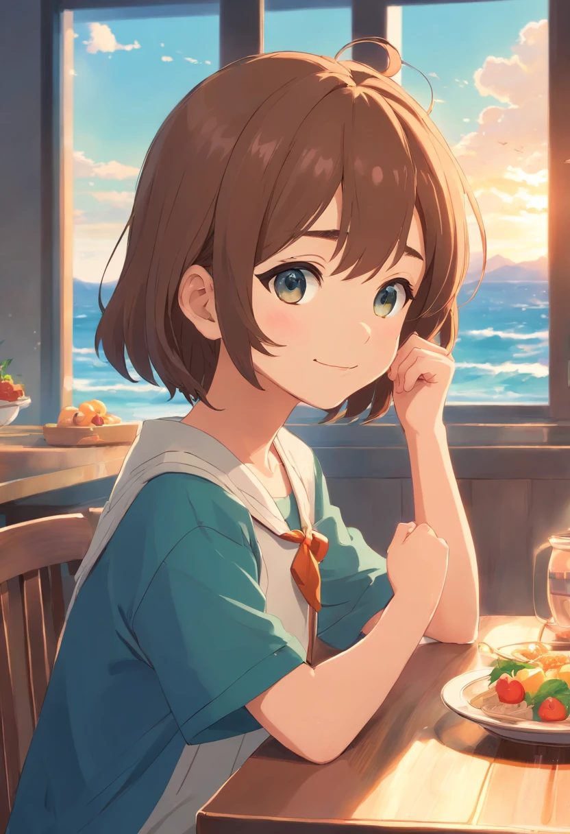 5 girl sitting at the dining table,largeeyes,ssmile,Juice on the table,for breakfast,Sunny sea view from the window,Warm and healing,Cute expressions,Roses by the window,Hair colored,Mixed-race cute