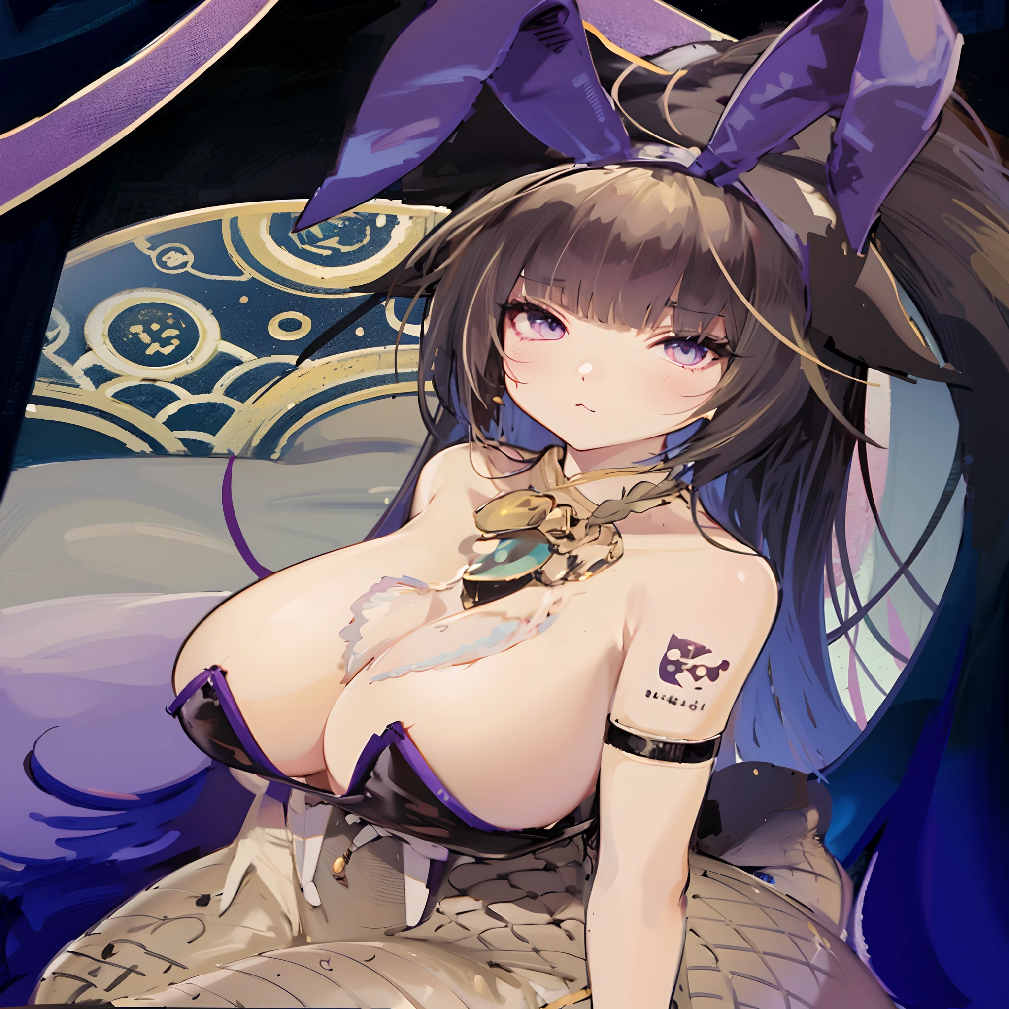 Original outfit, 1girl, 独奏, length hair, bunny, jaket, bewitching, alternate costume, simple background, tinted eyewear