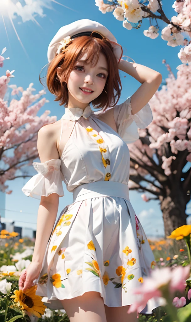Chika takami love live sunshine,Masterpiece,best quality,4k,orange hair,ahoge,short hair reach shoulders, white clothes,white cap,pink eyes,beautiful eyes,smile,red flower,flower field,colorful,highly detailed pose,highly detailed face,highly detailed clothes