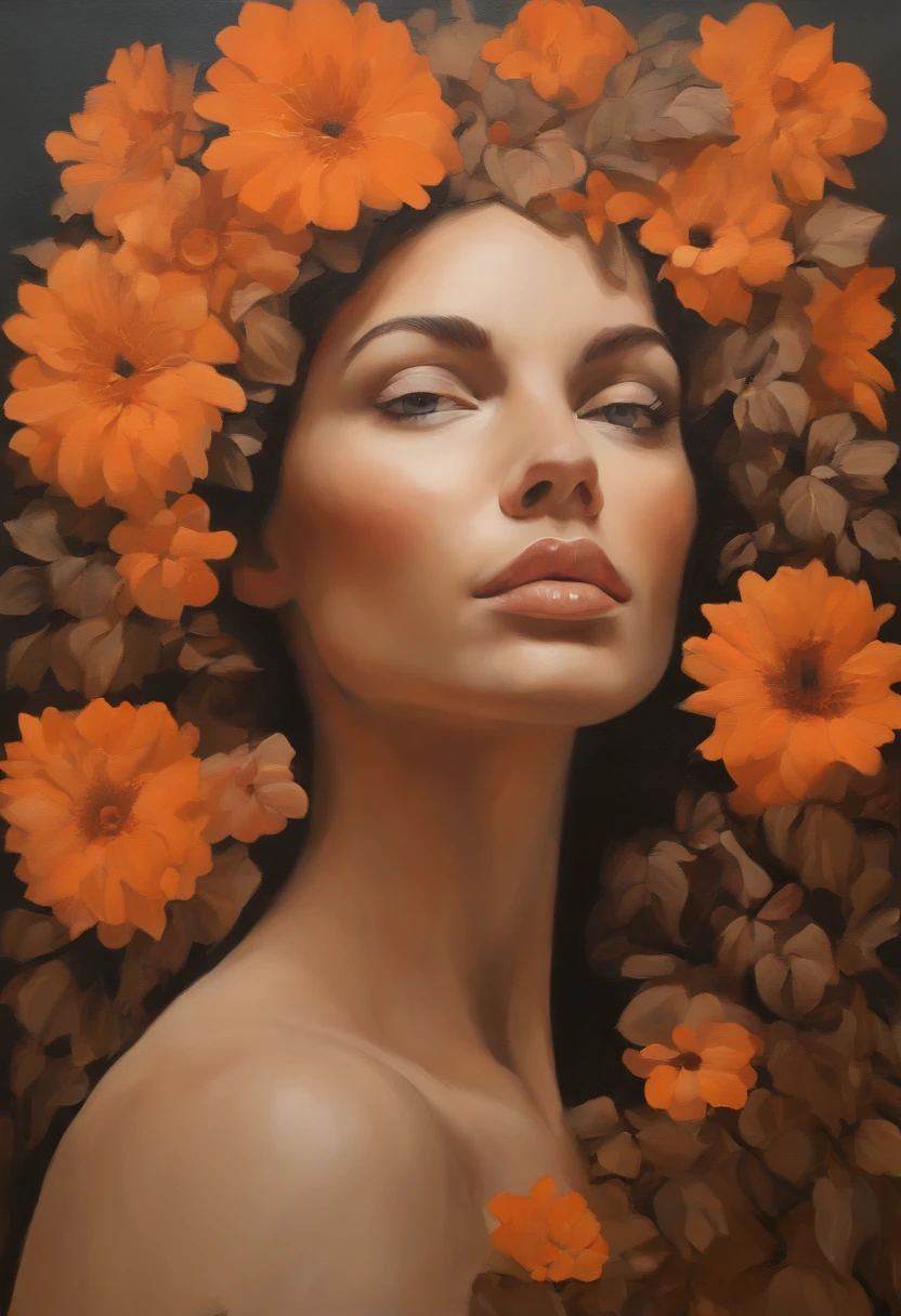 Woman with flowers on her head is acrylic painting, In the style of Lucy Glendinning, Tony diterlizzi, Organic and naturalistic composition, Flower explosion, Ferris Plock, Light orange and brown, Calm Face - AR 3:4 -