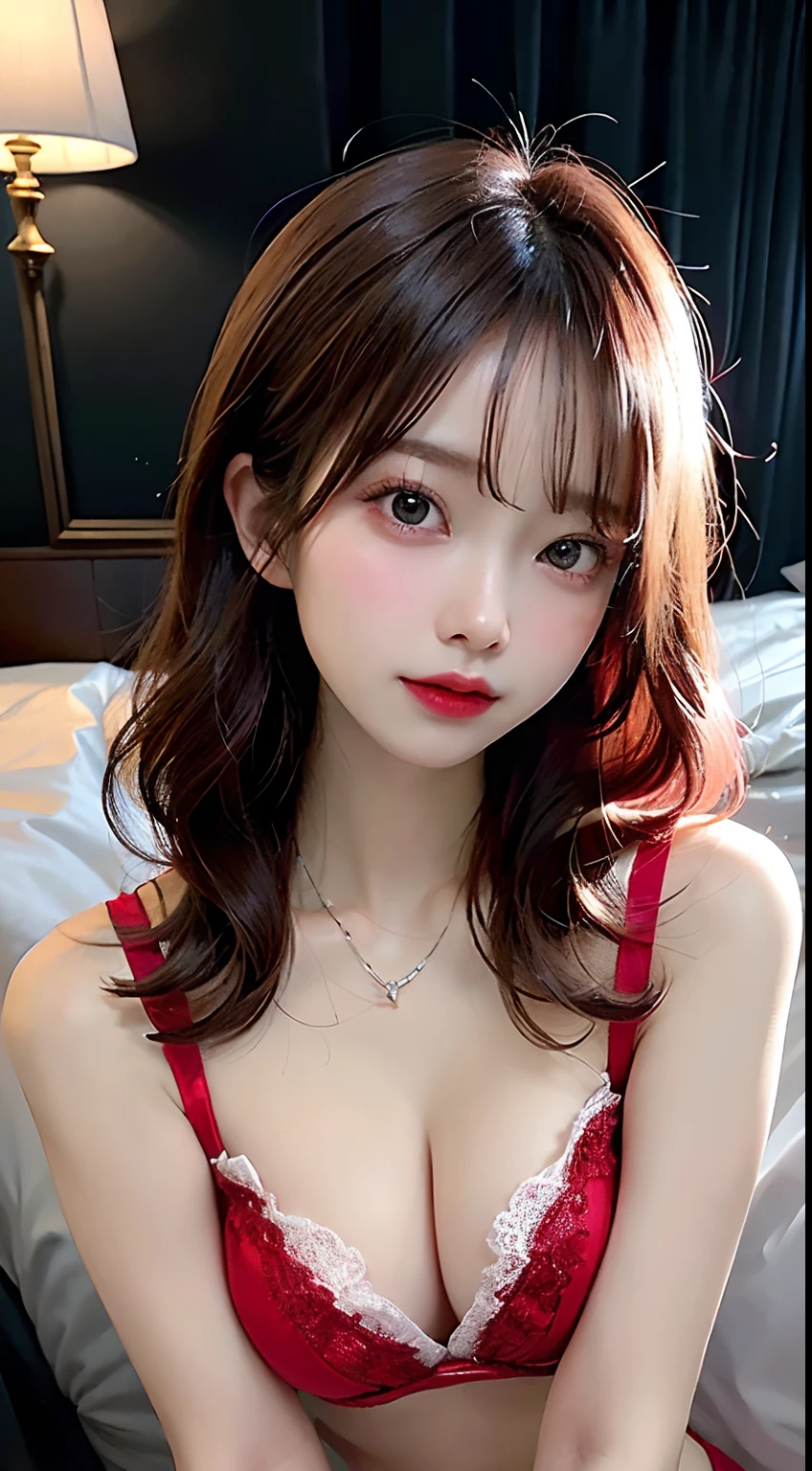 masterpiece、masterpiece、top-quality、top-quality、realisitic、Unity、8k wallpaper、Official Art、Highly detailed CG Unity 8k wallpaper、ulzzang-6500、(original: 1.2)、(realisitic: 1.4)、ultra-detailliert、hight resolution、ultra-detailliert,magnifica, breastsout、Ren Hao、Navel、finely detail, lighting like a movie, (1girl:1.4 ), (Pink hair), long-hair, (real looking skin:1.2), (light brown-skinned:1.2),(small tits), Beautiful Girl Beautiful Details、extremely detailed eye and face、Eyes with beautiful details、huge filesize、ultra detailed and beautiful、red blush、embarrassed from、(laughingly:1.2)、black eyes、model shoot tyle、full body photographed、((red lace underwear)), 耳Nipple Ring、Chain Necklace、on the beds、Semi-open strawberry lip、succubus、white lace underwear、huge tit、Soft udder、dual, full body, sexy pose