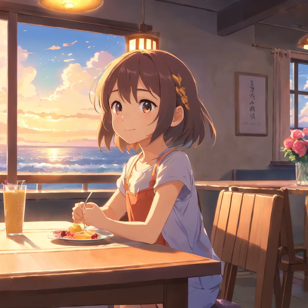 5 year old girl sitting at the dining table,largeeyes,ssmile,Juice on the table,for breakfast,Sunny sea view from the window,Warm and healing,Cute expressions,Roses by the window,coloured hair,Mixed-race cute
