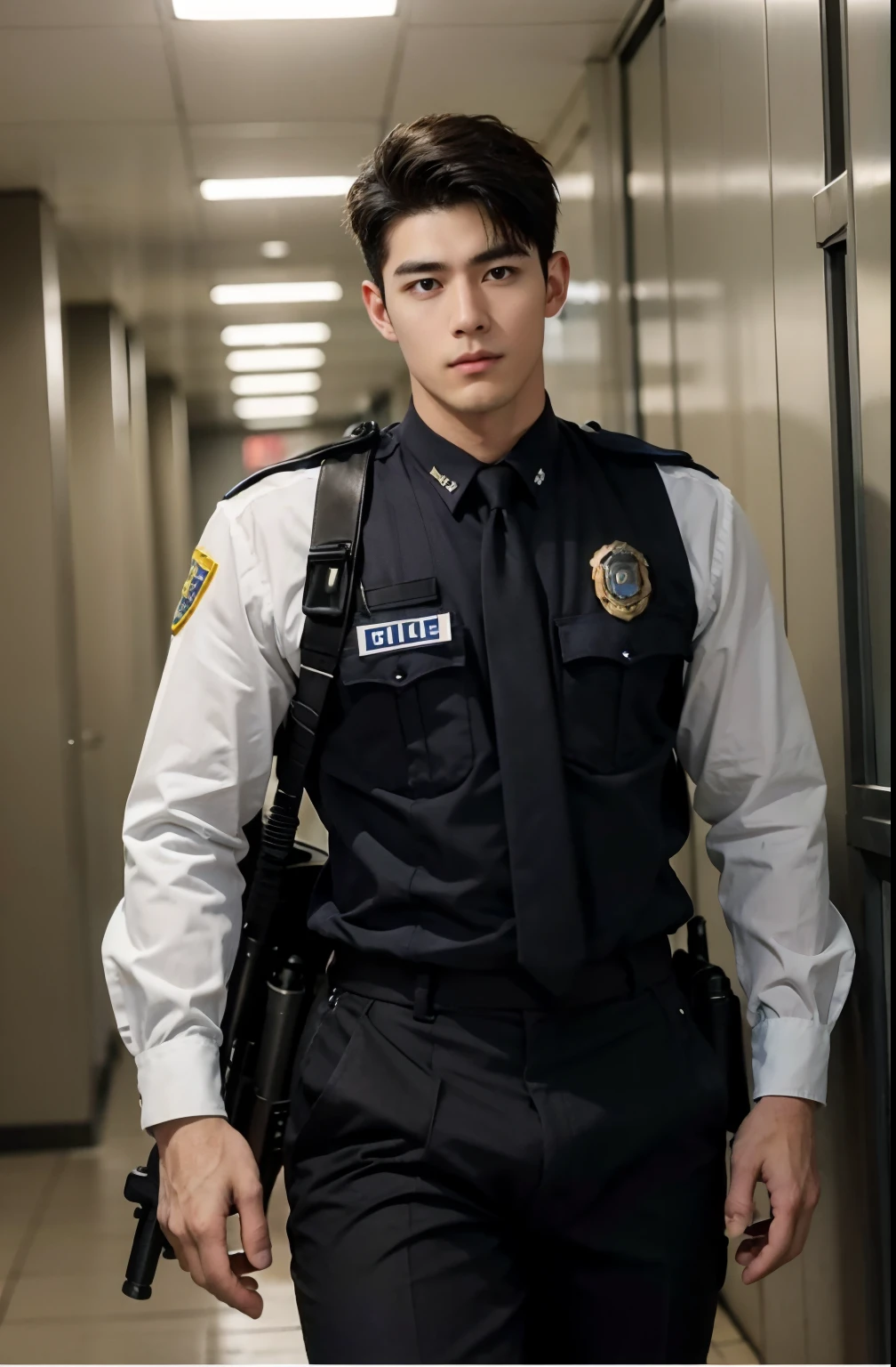 1 young handsome guy，20-22 years old，police officers，Interpol，hallways，The gun is handsome，musculous，hairy bodies，police uniforms（Fine eye 1：3），Black eyes，full bodyesbian