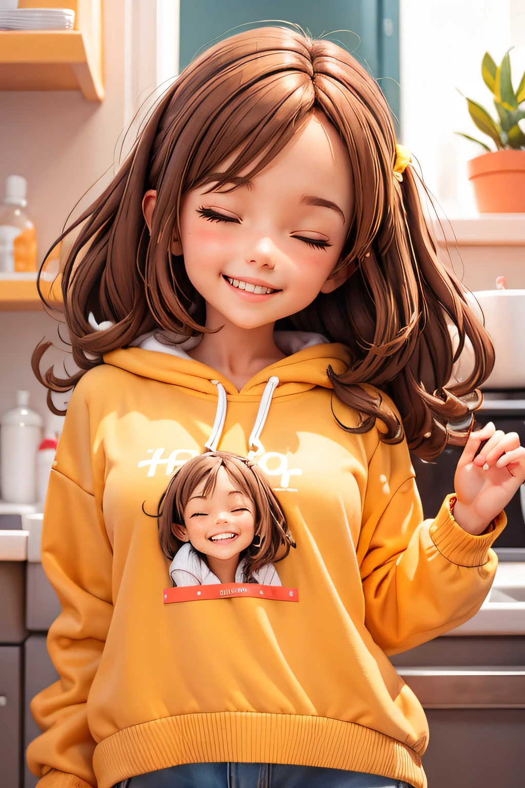 a girl has brown hair, wears sweatshirt, happy smiling with eyes closed jumping