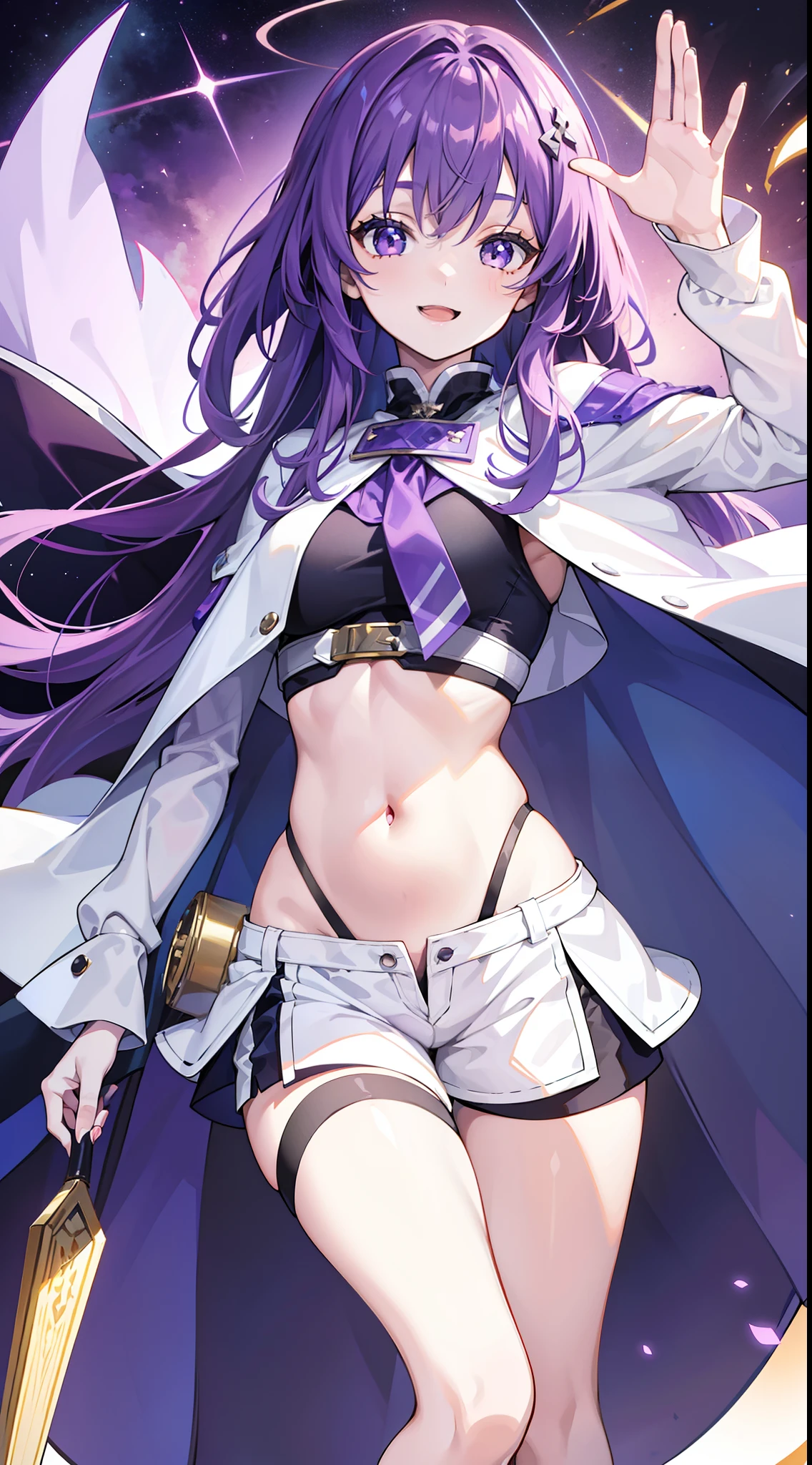 女の子1人、Animal food、bangss、bare shoulders、The bikini、Black Bikini、Black jacket、blue bow、blue eyess、red blush、the bow、breastsout、a choker、鎖骨、hoods、Food Raised、jaket、length hair、long-sleeve、looking at viewert 、Penguin Food、Purple hair、swim wears、thighs thighs thighs thighs、Super long hair、Eau、masterpiece、top-quality、Naughty big、large full breasts、A smile