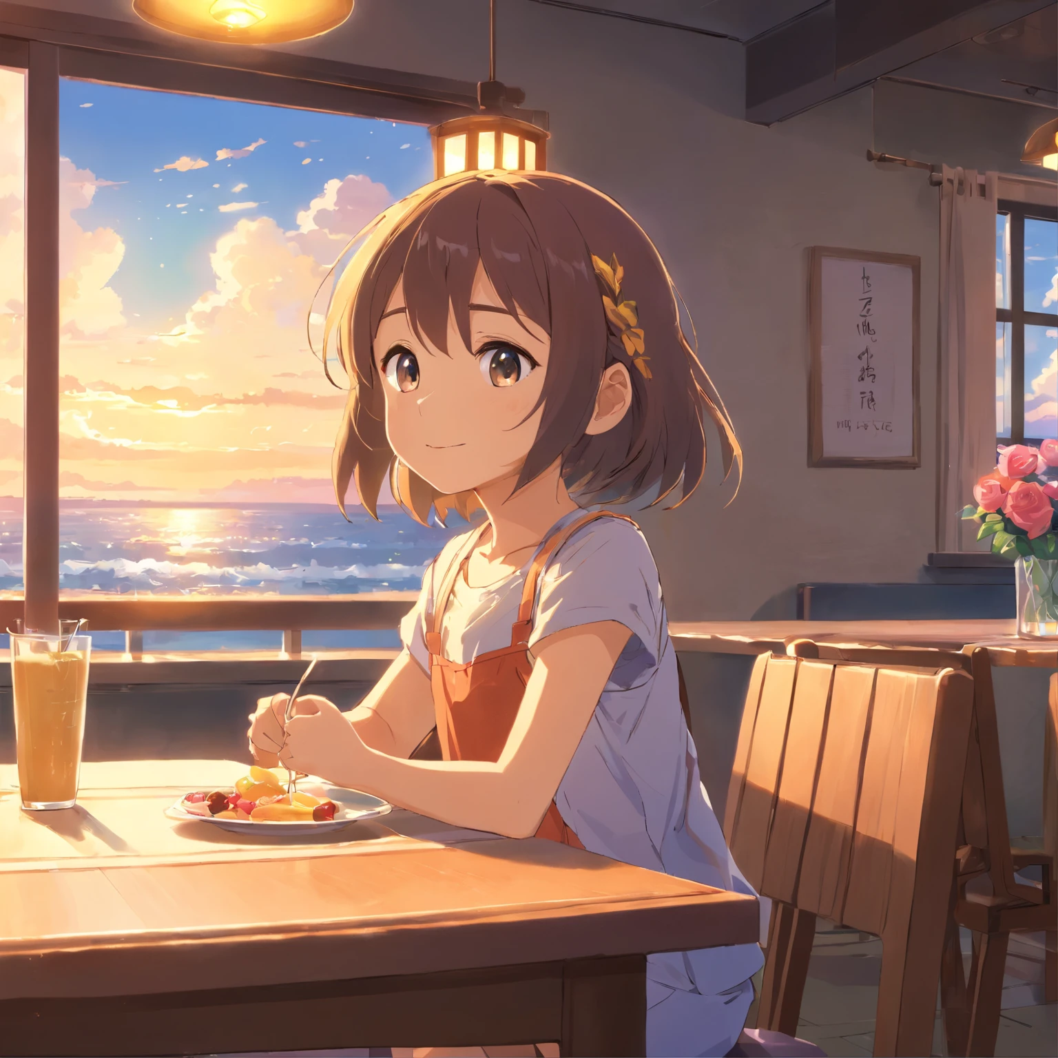 5 year old girl sitting at the dining table，largeeyes，ssmile，Juice on the table，for breakfast，Sunny sea view from the window，Warm and healing，Cute expressions，Roses by the window，coloured hair，Mixed-race cute