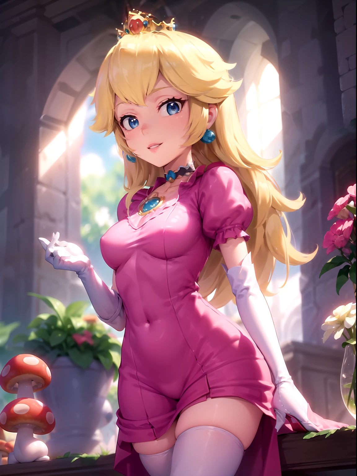 highres,masterpiece,perfect ligthing,bloom,cinematic lighting,adult,perfect skin,female,cowboy shot,smile,narrow waist,skinny,(PrincessPeach),(a pink transparent Princess Peach),choker,detailled eyes,blue eyes,choker,sensual,mushrooms,mushroom kingdom,pink lips,((glossy lips)),pursed lips,pink pumps,glossy skin,oily skin,beautiful light,(day:1.3),bright,looking at viewer,