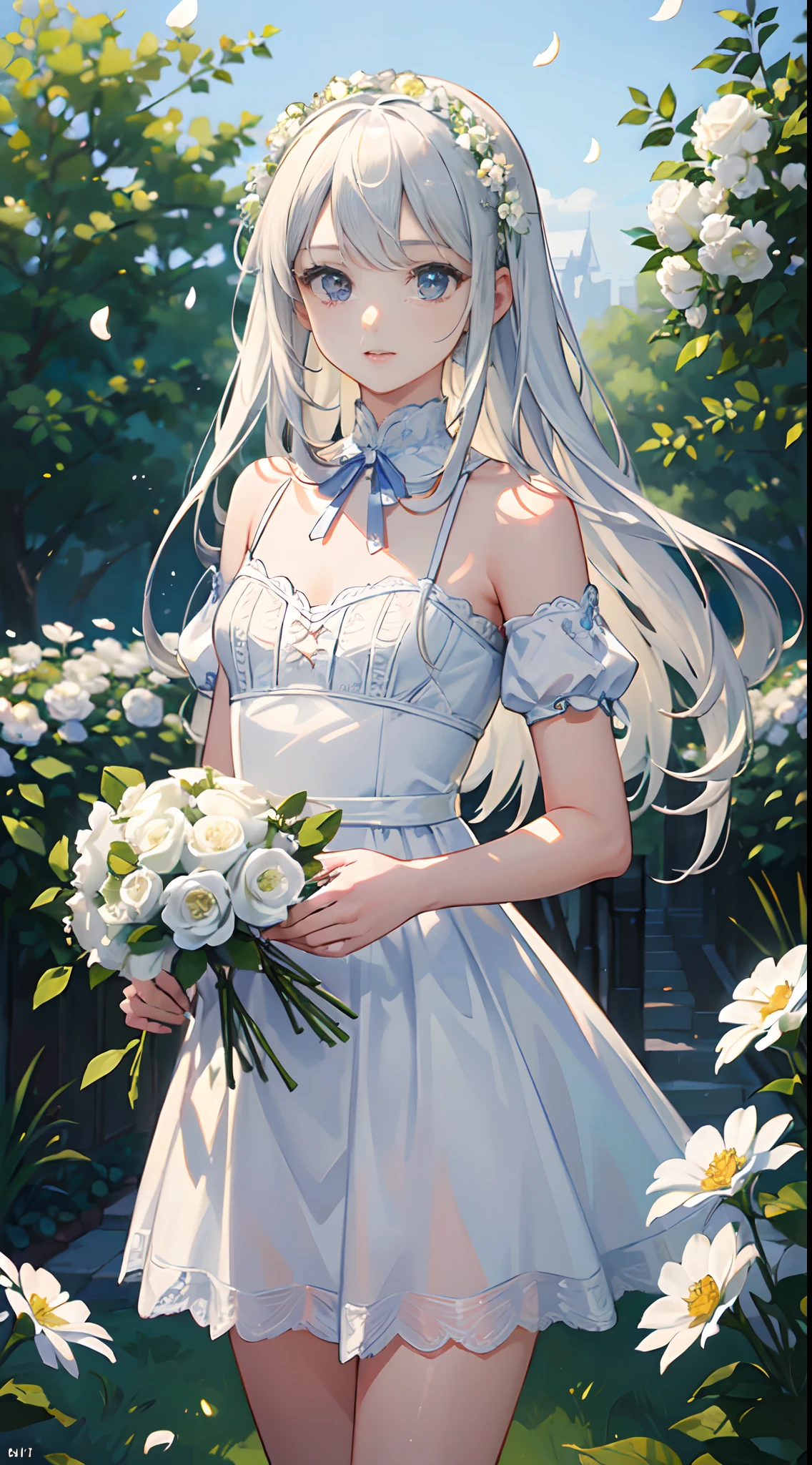 (masterpiece, best quality:1.6), white lace dress, cowboy shot, thighs, beautiful girl, (flowers, many small white petals:1.3), garden, blue sky, looking at viewer, small waist, official art, raw photo, incredibly absurdres, facelight, dynamic lighting, cinematic lighting, ultra realistic, highres, photography, sharp focus, highest detailed, extreme detailed, ultra detailed, finely detail, extremely detailed eyes and face