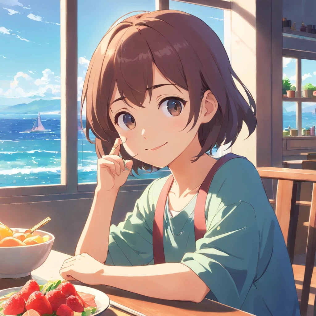 5 year old girl sitting at the dining table，largeeyes，having fun，Juice on the table，for breakfast，Sunny sea view from the window，Warm and healing，Cute expressions，Roses by the window，Colored rope braided hair，shining brightly，Half-blood kawaii，Bohemian dream earrings，Pink atmosphere