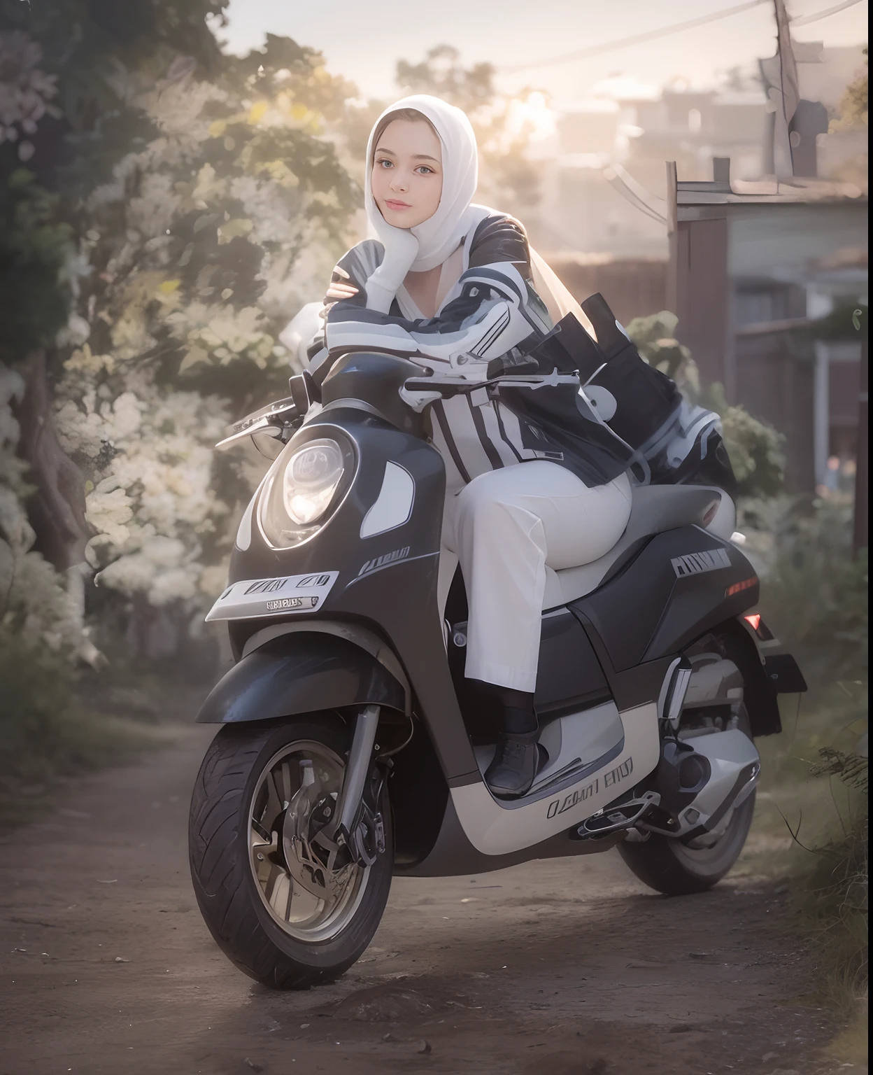 Highest image quality, outstanding details, ultra-high resolution, (realism: 1.4), the best illustration, favor details, highly condensed 1girl, with a delicate and beautiful face, dressed in a White and fuschia mecha, wearing a mecha helmet, holding a directional controller, riding on a motorcycle, the background is a high-tech lighting scene of the future city.