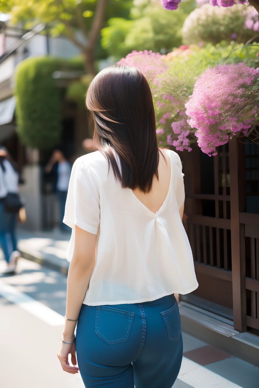 Foreground：1girll, Skinny linen pants, Skinny linen top, Photo shoot from behind, review, profile, Medium Hair, My face is hidden by my hair, profile, Background with：Japanese-style street, Both sides are full of flowers, low  angle shot, hyperphotorealism, 电影灯光...