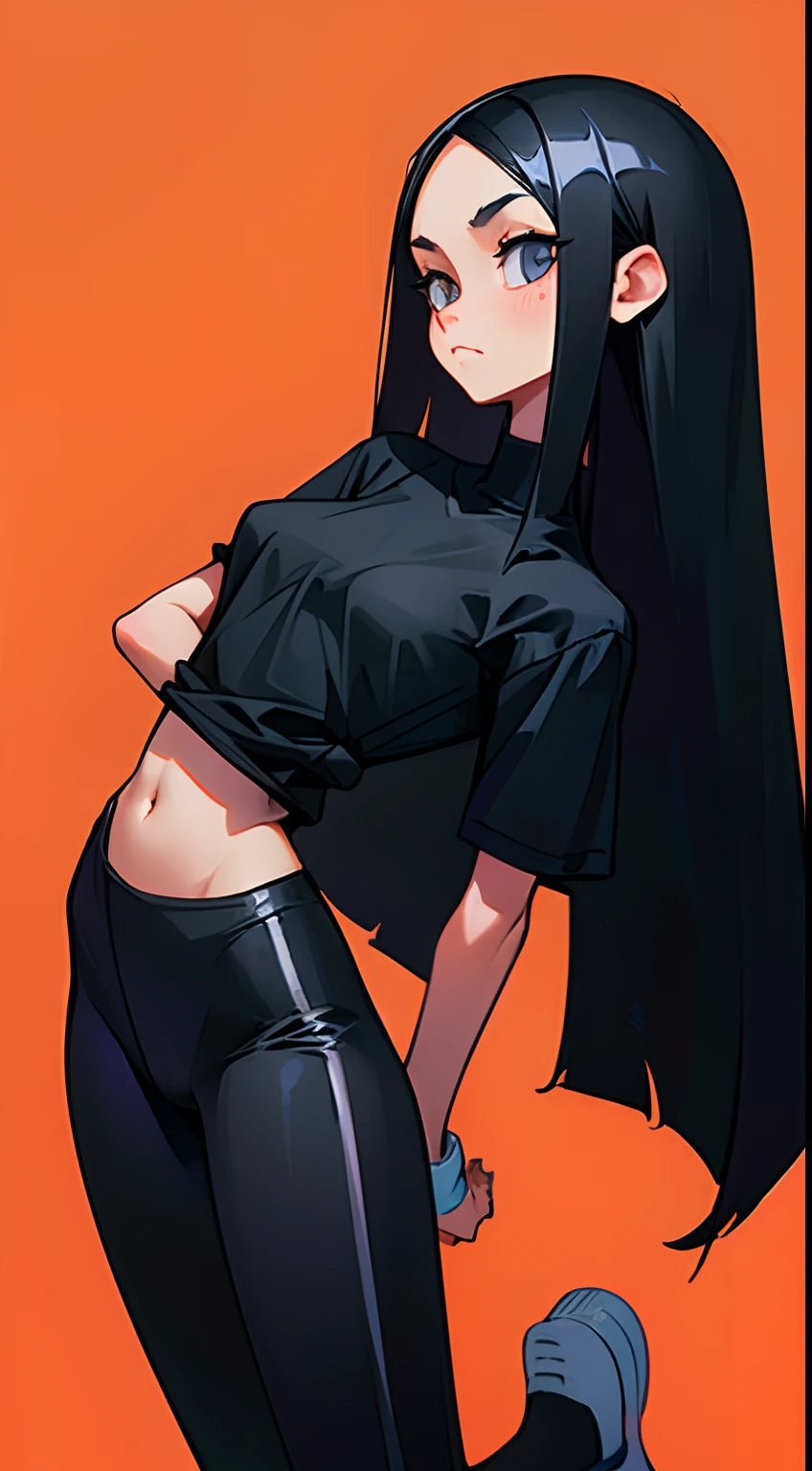 Girl with long thin black hair, light skin, High, Skinny, Beautiful elongated face, Sharp facial features, little chest, wearing black sports leggings and a black t-shirt, white sneakers, Full-length