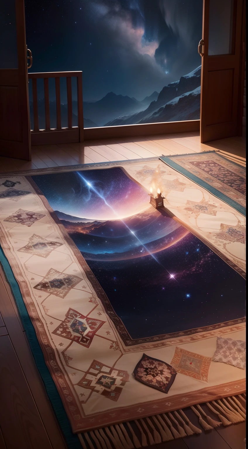magic praying carpet, flying praying carpet, Imagine a magic praying carpet floating in the night sky, covered in a blanket of shining stars. Create an image that represents this enchanting scene, where the rug seems ready to take someone on a magical, adventurous journey. Use your artistic skills to portray the details of the rug, showing its colors, textures and the patterns formed by the stars in the sky. Let your imagination run wild and create an image that conveys the magic and sense of wonder this scene inspires.