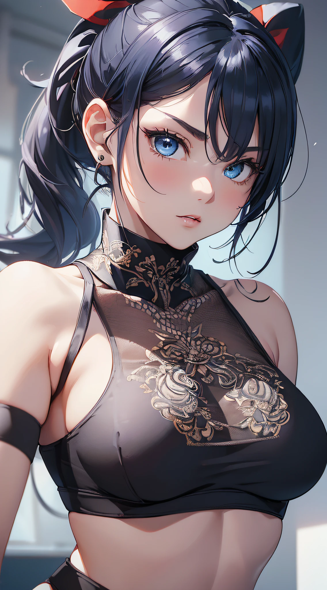 top-quality、Top image quality、masterpiece、girl with((cute little、18year old、Best Bust、Medium bust、Bust 85,Beautiful blue eyes、Breasts wide open,Ponytail with black hair、A slender、Blue hair mesh、black bandana、Red Sports Bra、Black karate doshi、fighting poses))hiquality、Beautiful Art、Background with((Large White Room、White lighting)),masutepiece、Elaborate design、visualart、depth of fields、The best lighting、highestdetailed、8k