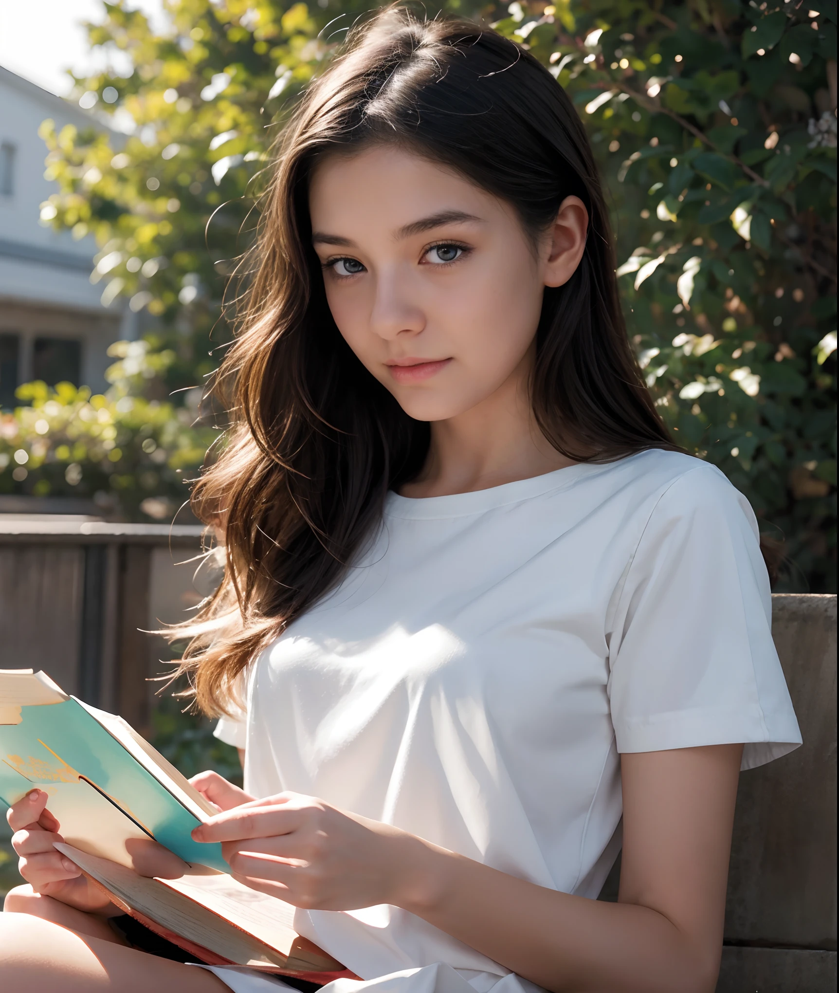 A girl,close up, wearing white shirt, reading a book, (best quality:1.3), (highres:1), (detailed:1.3), (incredible:1.3), (perfect:1.3), (perfection:1.3), (volume cover art:0), (illustration:1.3), art by studio ghibli