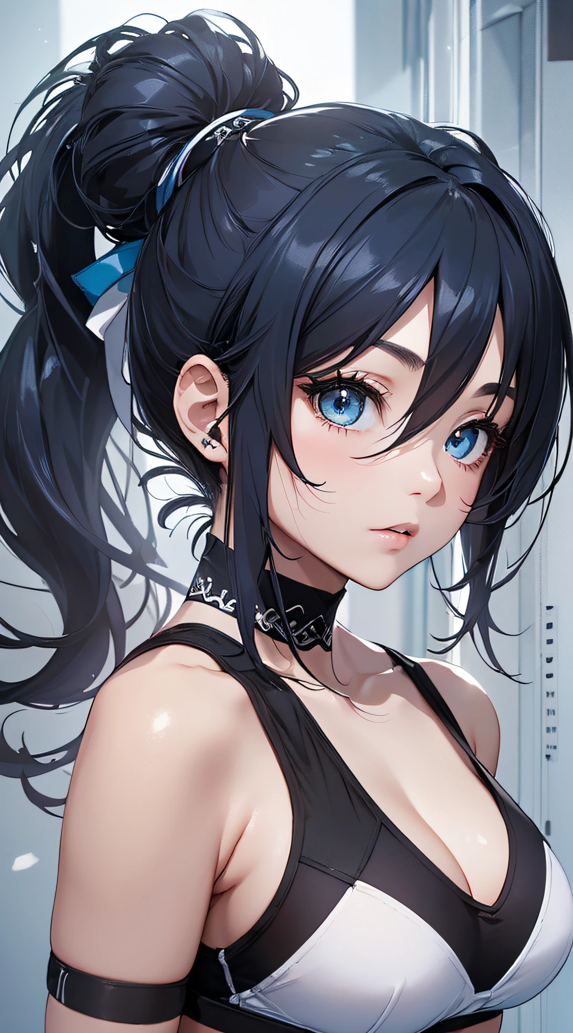 top-quality、Top image quality、​masterpiece、girl with((cute little、18year old、Best Bust、Medium bust、Bust 85,Beautiful blue eyes、Breasts wide open,Ponytail with black hair、A slender、Blue hair mesh、black bandana、Red Sports Bra、Black karate doshi、fighting poses)）hiquality、Beautiful Art、Background with((Large White Room、White lighting)),masutepiece、Elaborate design、visualart、depth of fields、The best lighting、highestdetailed、8ｋ