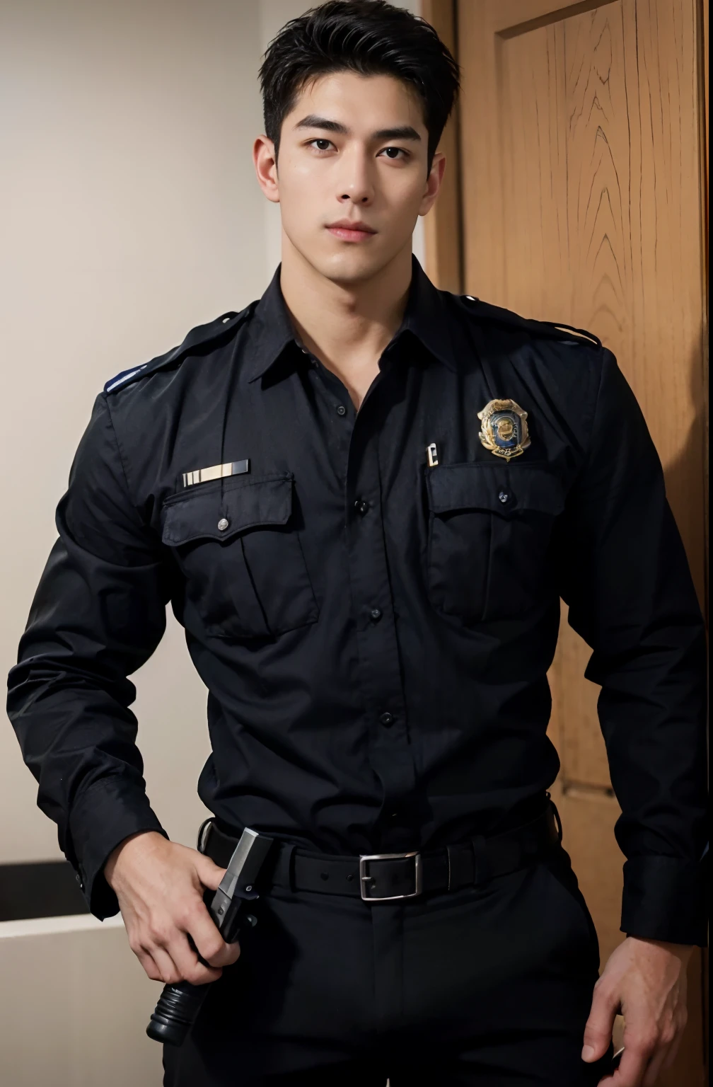 ****ung handsome guy，20-25 years old，police officers，Interpol，Police Department，With a gun，Handsome，musculous，Thin muscles，hairy bodies，Police uniform（Fine eye 1：3），Black eyes，full bodyesbian，full bodyesbian