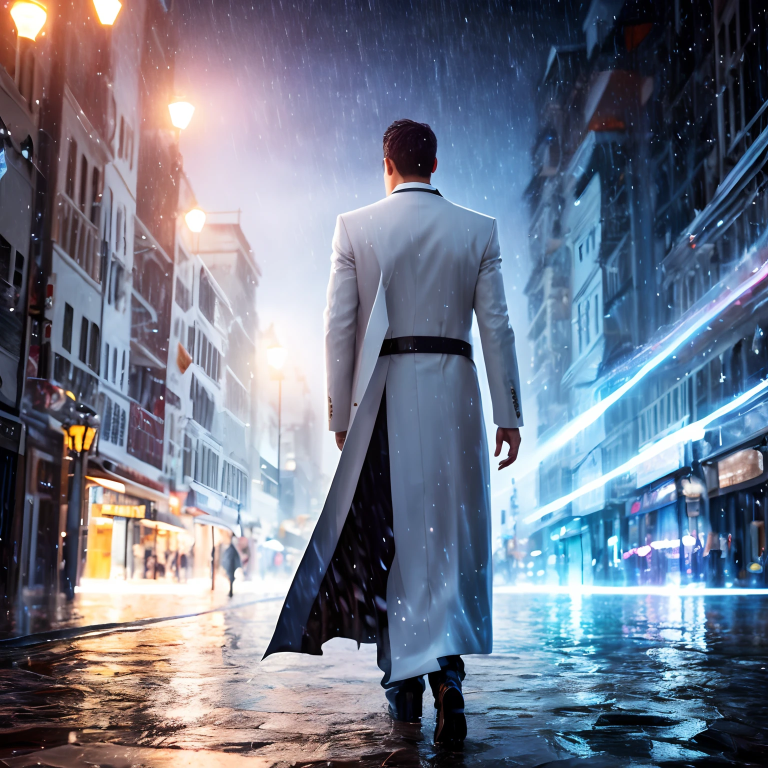 Arabian city, V shape male model, wears Formal long coat, camera shot From back, from behind shot, walking on water in a storm, gentle expression, streaks of light coming down from the sky, masterpiece, highest quality, high quality, highly detailed CG unit 8k wallpaper, award-winning photos, bokeh, depth of field, HDR, bloom, chromatic aberration, realistic, very detailed, trending at artstation, trending at CGsociety, complex, high detail, dramatic, mid-journey art, volumetric lighting