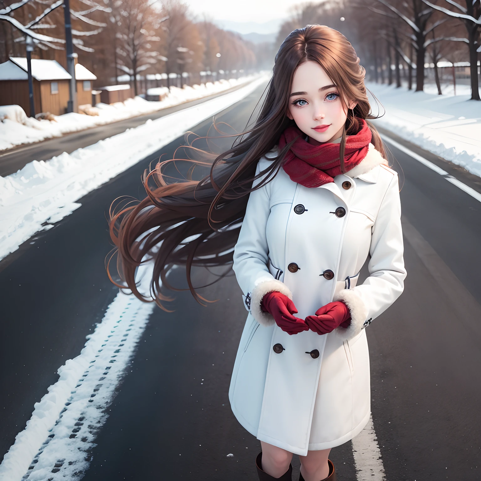 Cute girl blue eyes, long brown hairs, smooth face, white clothes of winter and gloves in hand,red muffler on neck, red lipstick, beautiful hair style, smile on face, hairs and muffler flying with air, cool air, standing on the foot path of a road