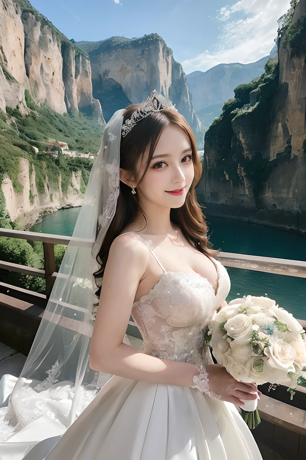 (Best Quality, masutepiece:1.2), (Realistic:1.3), (hyper detailed background, Detailed background), Bokeh, ((medium breasts:1.2)), ((Beautiful valley)),(Long Train Wedding Dresses:1.3),Bridal tiara, Bridal Veil, bridal gauntlets, Bridal Cascade Bouquet, Upper body, Wedding venues in the Mediterranean, The skirt spreads round and wide, 1girl in, age, Cute,Smiling,