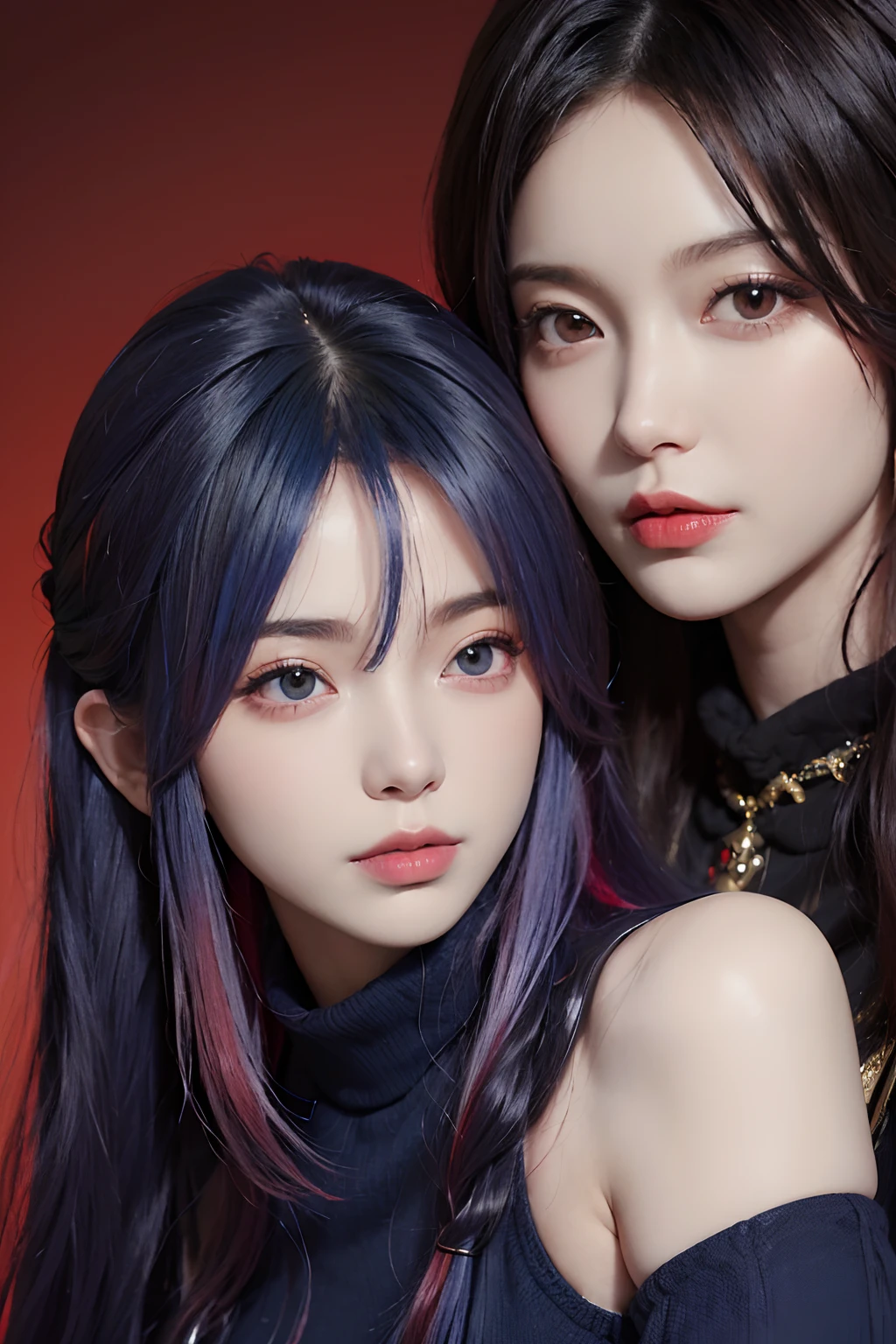 (masuter piece:1.3)、(8k、Photorealsitic、RAW Photography、top-quality: 1.4)、(1girl)、beautiful countenance、(lifelike face)、(Blue and red gradient hair color、Long:1.3)、Beautiful hairstyle、realisticeyes、Beautiful details、Fancy accessories、(real looking skin)、Beautiful skins、(Sweaters)、absurderes、enticing、超A high resolution、A hyper-realistic、high-detail、the golden ratio