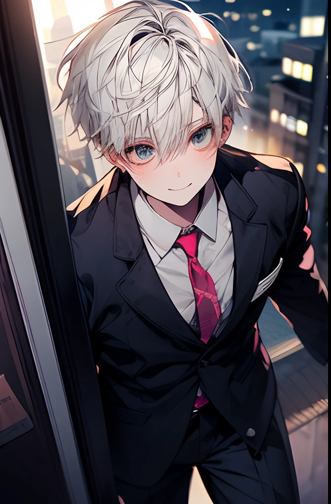 1kpop boy with tatoos, thin body, white hair, cute smile, fade cut hair, business suit, jacket, white shirt, necktie, pants, best quality, hires, detailed face, office, buildings from window, detailed background, diffused sunlight, depth of field, bokeh, photographic shot