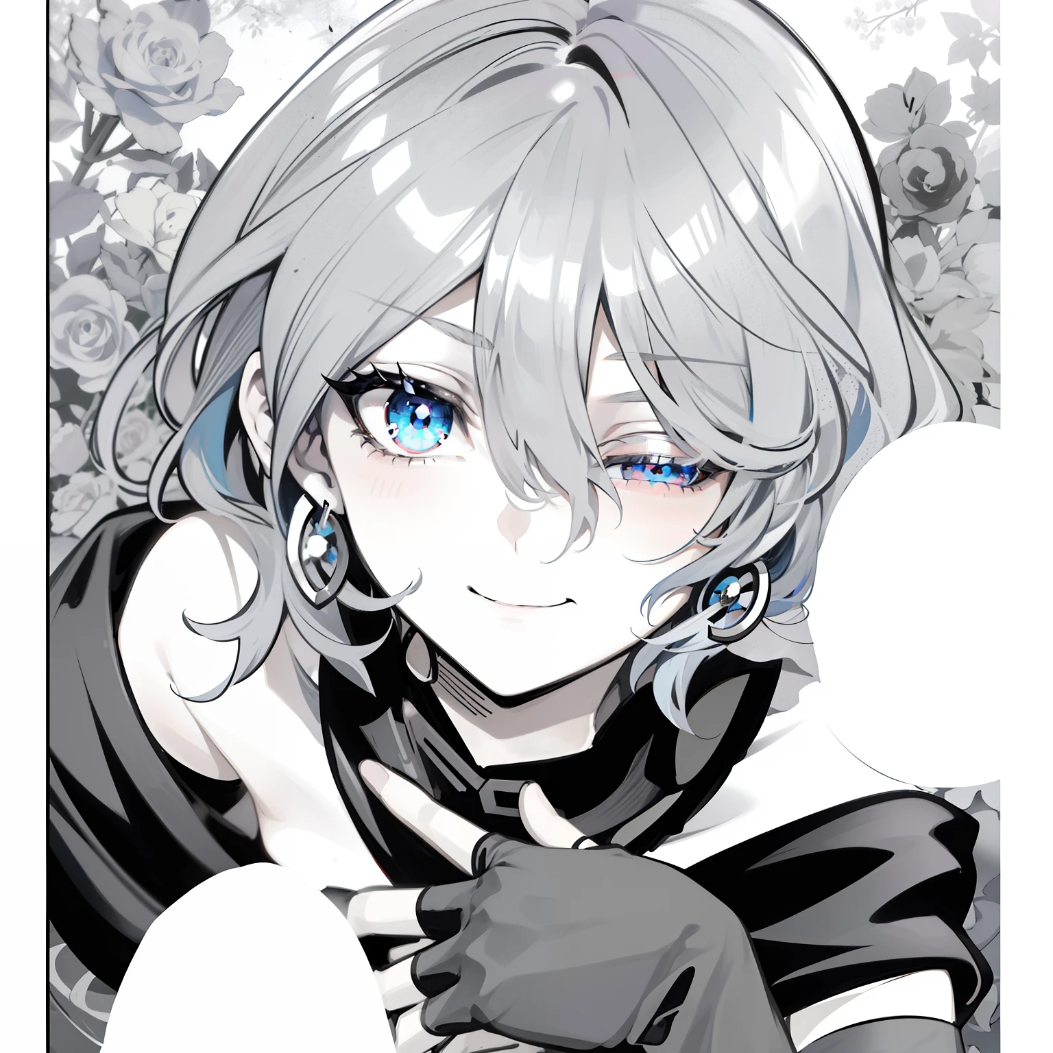 Alla Fed image of a girl with blue eyes and a black dress, with index finger, neferpitou, hana yata, , Hajime Yatate, black and white manga, Gapmoe Yandere, noire, gapmoe yandere grimdark, ❤🔥🍄🌪, Female protagonist 👀 :8, lolish