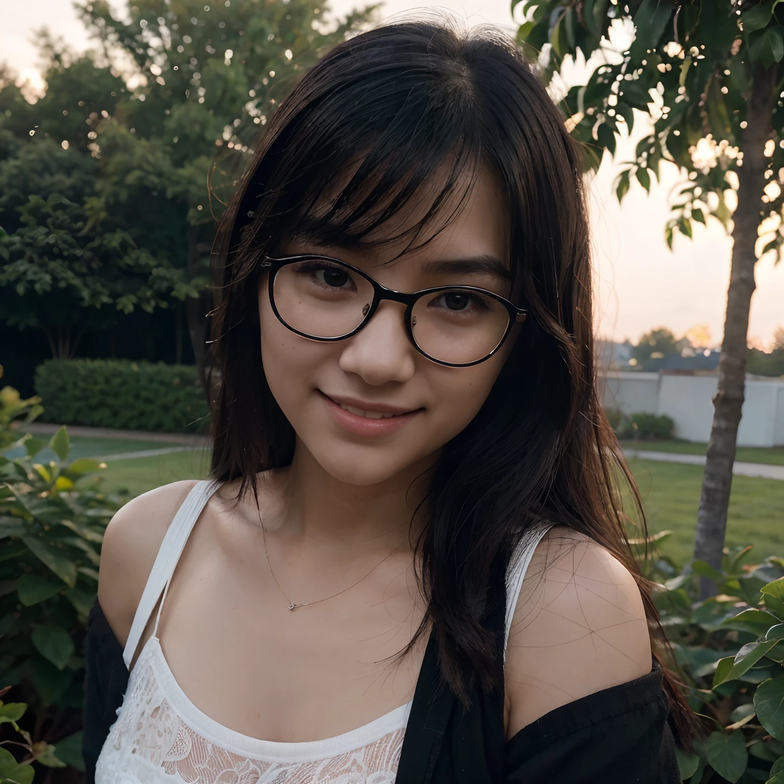 Very young female, half chinese, small slit-eyed, glasses, black hair, flawless white skin, long hair, photorealistic, best quality, hyper detailed, middle school student, beautiful woman, selfie photo, upper body, solo, wearing black clothes, smiling at garden, sunset photo, without makeup, school, looking at viewer, skin texture, film grain, close up, ultra high res, best shadow, RAW, instagram LUT