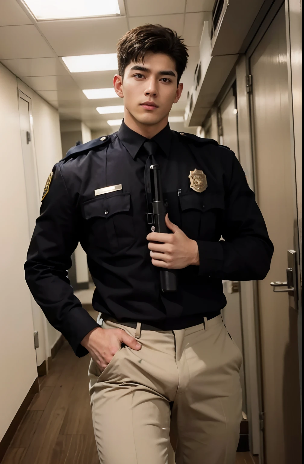 1 young handsome guy，20yr old，police officers，Interpol，hallways，The gun is handsome，musculous，hairy bodies，police uniforms（Fine eye 1：3），Black eyes，full bodyesbian