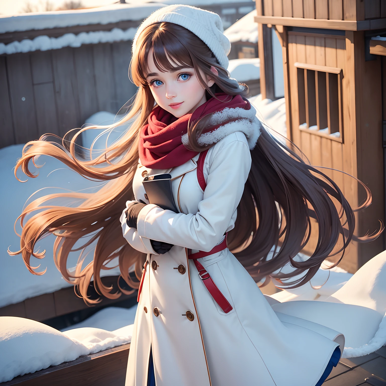 Cute girl blue eyes, long brown hairs, smooth face, white clothes of winter and gloves in hand,red muffler on neck, red lipstick, beautiful hair style, smile on face, hairs and muffler flying with air, cool air, standing on a roof