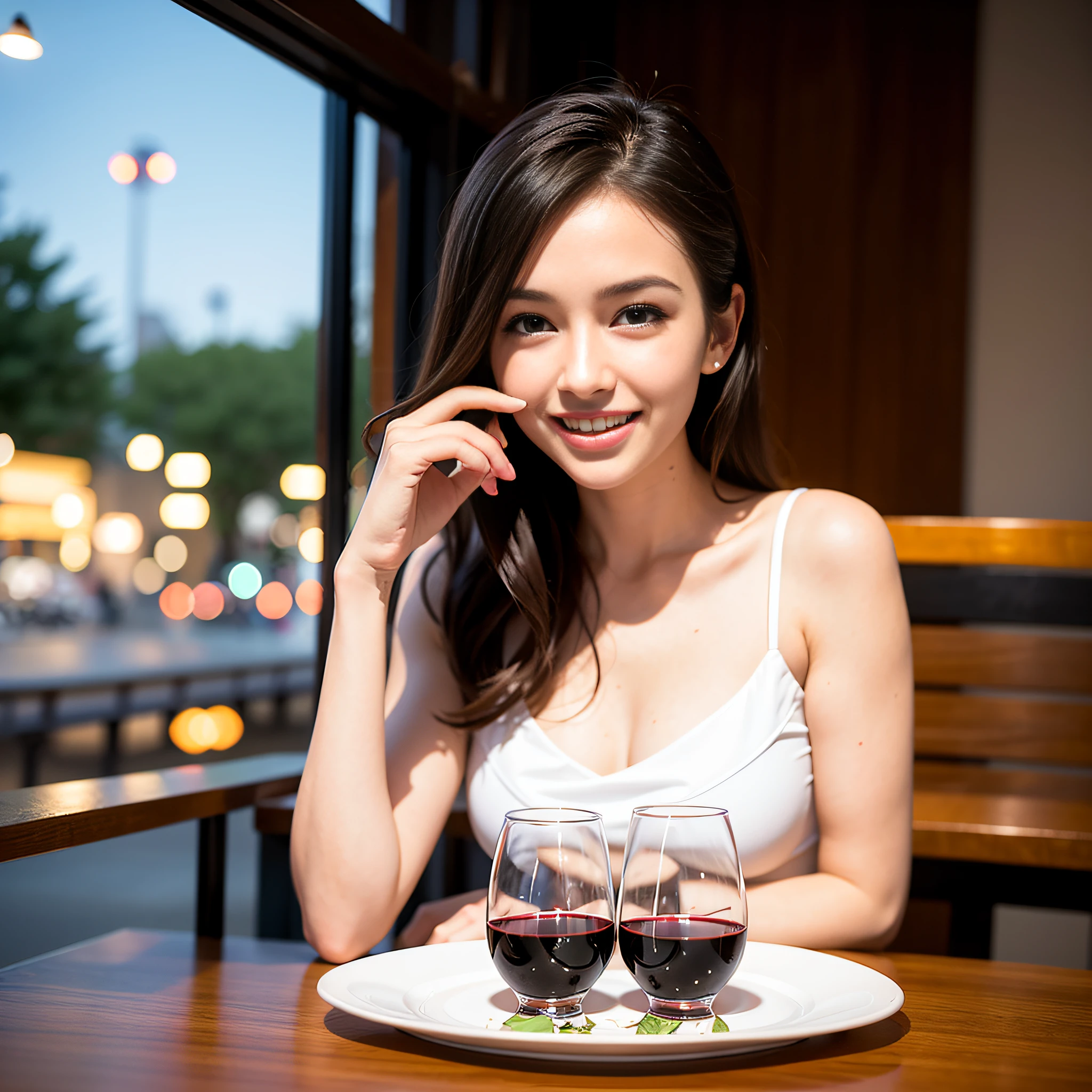 (64K, UHD, top quality, masterpiece: 1.2), (realistic, photorealistic: 1.37), super detailed, pretty woman 1 person, (slim face), (slim body), (brown hair), (short cut), cheeks slightly blushing, (44 years old), 38 years old, solo, beautiful detailed urban night view outside the window, restaurant, wine glasses sit, at night, in a prominent placeNovaFrogStyle, Actress, Model, Waist Up, White Wine, Slim, Wine Glass, Super Clean Night View, Wine Glass Put in the Middle, Happy Smile, (Smile: 1.15), Beautiful Fine Eyes, Upper Body, Bust Japan Up, Night, Short, Short, Actress, Model, Waist Up, White Wine, Slim, Wine Glass, Super Clean Night View, Wine Glass Put in the Middle, Happy Smile,