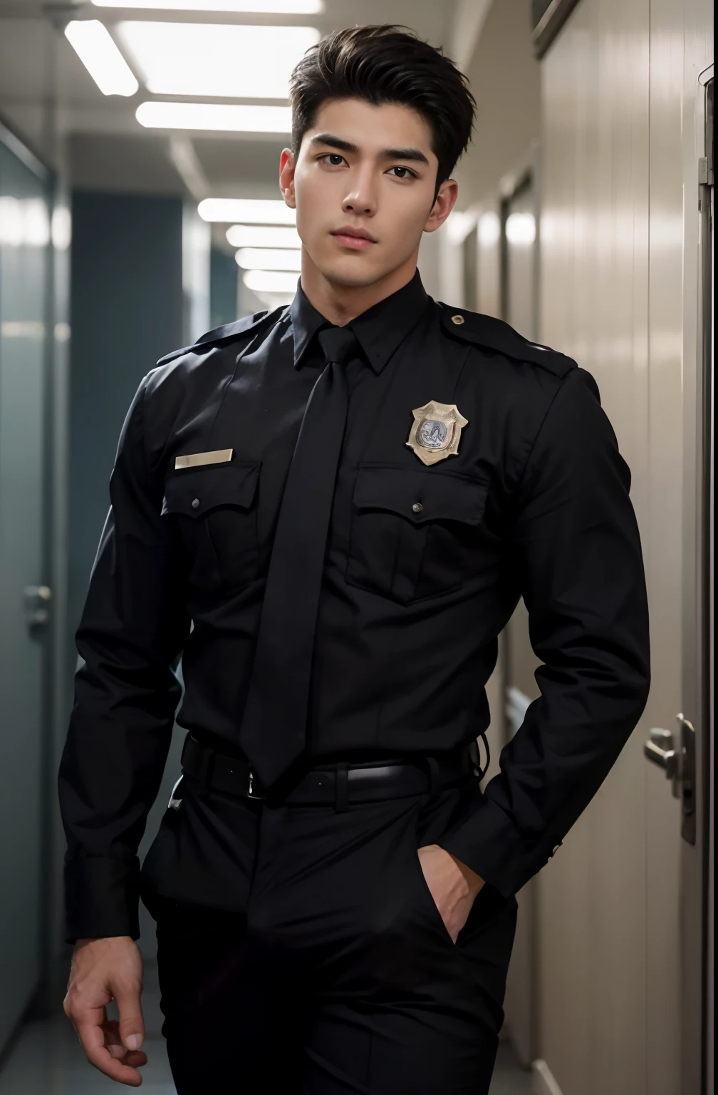 1 young handsome guy，20yr old，police officers，Interpol，hallways，The gun is handsome，musculous，hairy bodies，police uniforms（Fine eye 1：3），Black eyes，full bodyesbian