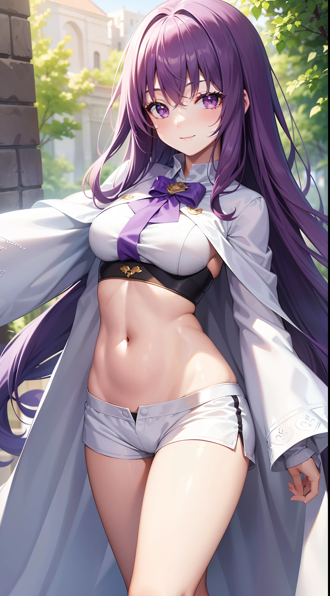 young girl, long purple hair, white tight top, cape, Shorts, open belly, ssmile, Masterpiece, hiquality, 4k, HD, Good detail