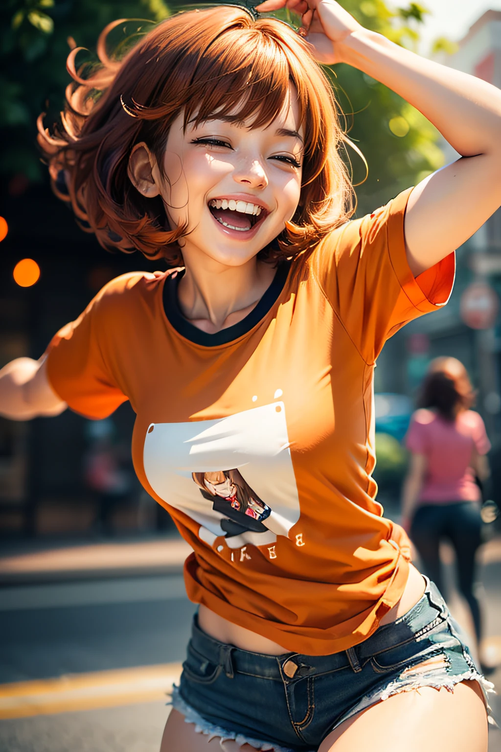 One Girl(((Laughter)))、Reaching the climax:1.3, shortcut、Tabletop、The bottom is randomly generated、( Corn illustration printed shirt )、Brown and thick hair、Red GI Cut、run away、Show me the wind blowing her clothes,Background blur:1.5,cute,girl
