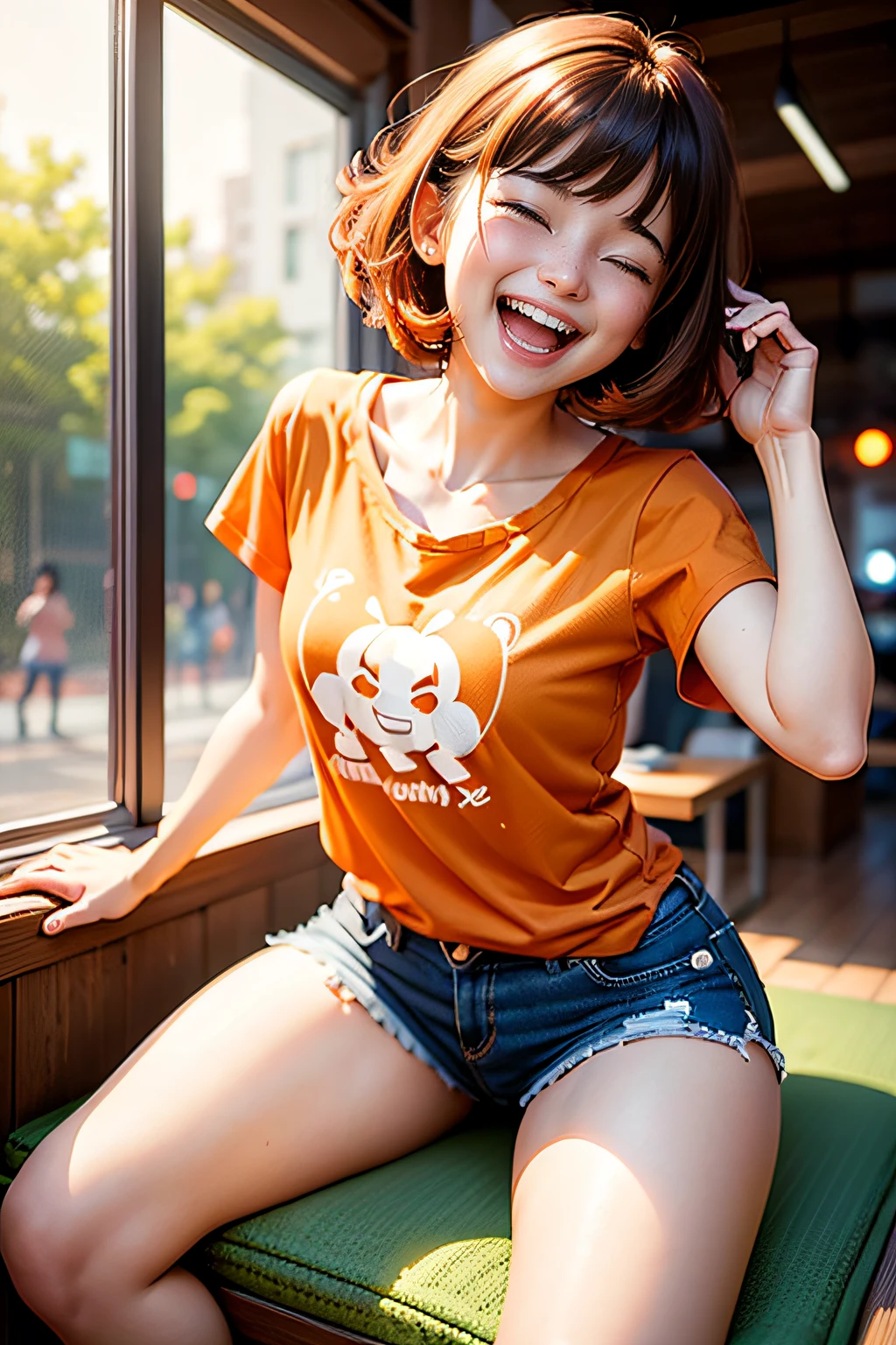 1girl in(((Laughing)))、exaggerated pose、Reaching the climax:1.３, short-cut、masutepiece、Bottoms are randomly generated、（ Carrot illustration printed shirt ）、dark brown hair、GI Cut、Background bokeh:1.5