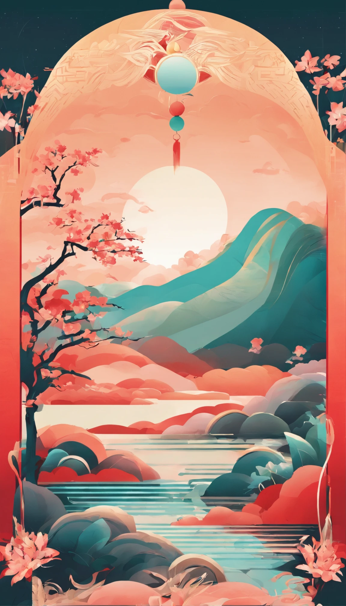 Lunar New Year's Day，Chinese landscape, abstract paintings, Zen, Amy Sol style, Cover art with light abstraction, Simple vector art, Contemporary Chinese art, Gradient of color, Soft color palette, layered forms, Whimsical animation, The style is ethereal and abstract