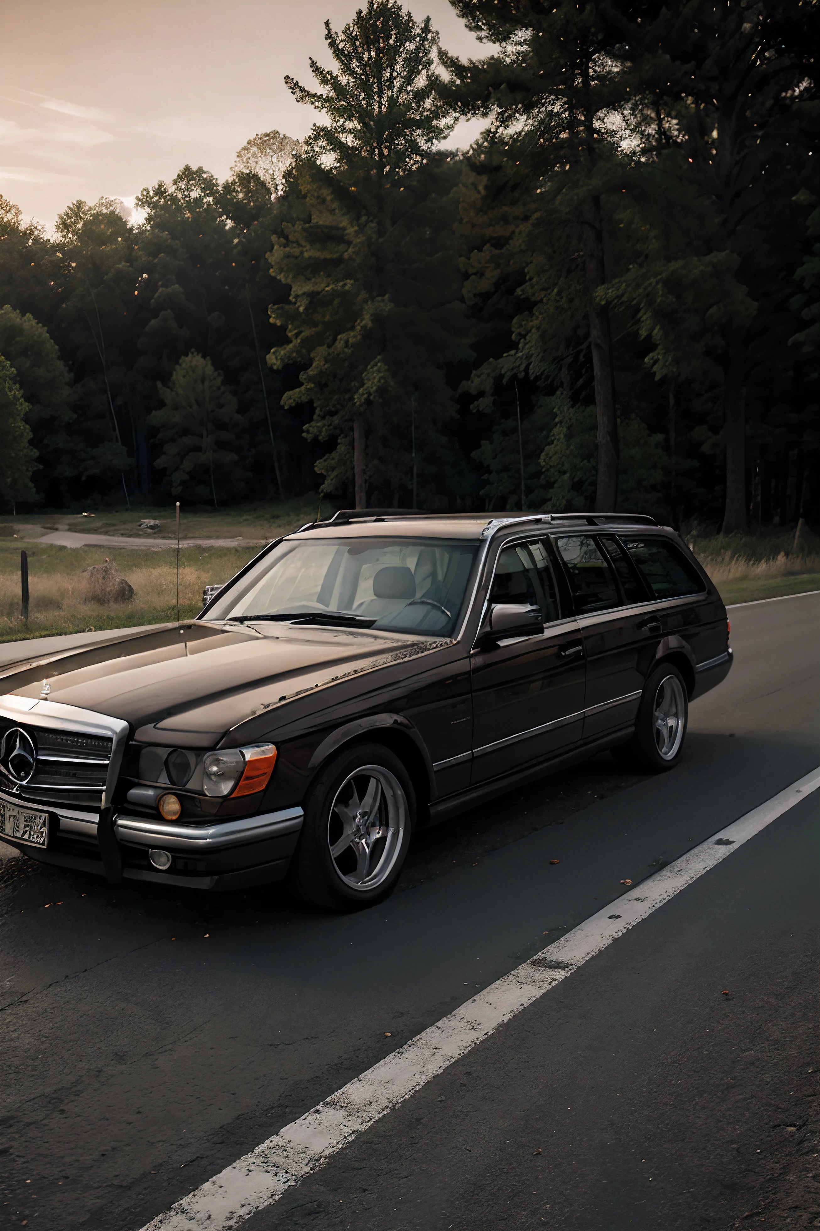 Mercedes station wagon lowered on a deserted road into a zombie apocalypse