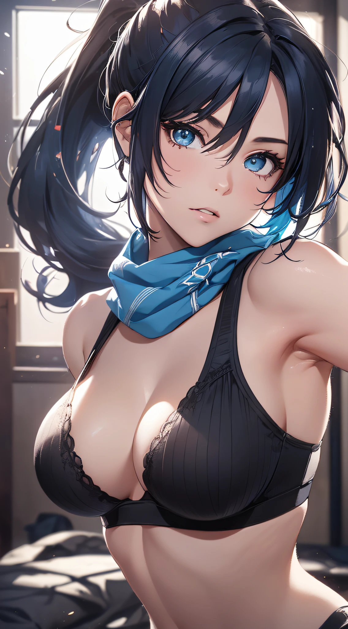 top-quality、Top image quality、​masterpiece、girl with((cute little、18year old、Best Bust、Medium bust、Bust 85,Beautiful blue eyes、Breasts wide open,Ponytail with black hair、A slender、Blue hair mesh、black bandana、Red Sports Bra、Carcass、fighting poses)）hiquality、Beautiful Art、Background with((Large White Room、White lighting)),masutepiece、Elaborate design、visualart、depth of fields、The best lighting、highestdetailed、8ｋ