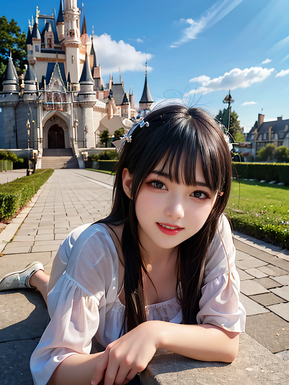 masutepiece, Best quality, illustration, Ultra-detailed, finedetail, A high resolution, 8K wallpaper, Perfect dynamic composition, Beautiful detailed eyes, summer dress,Medium hair, Big breasts, Natural color lips, Random and sexy pose,Smile,Castle Peak Street sidewalk、20 years girl