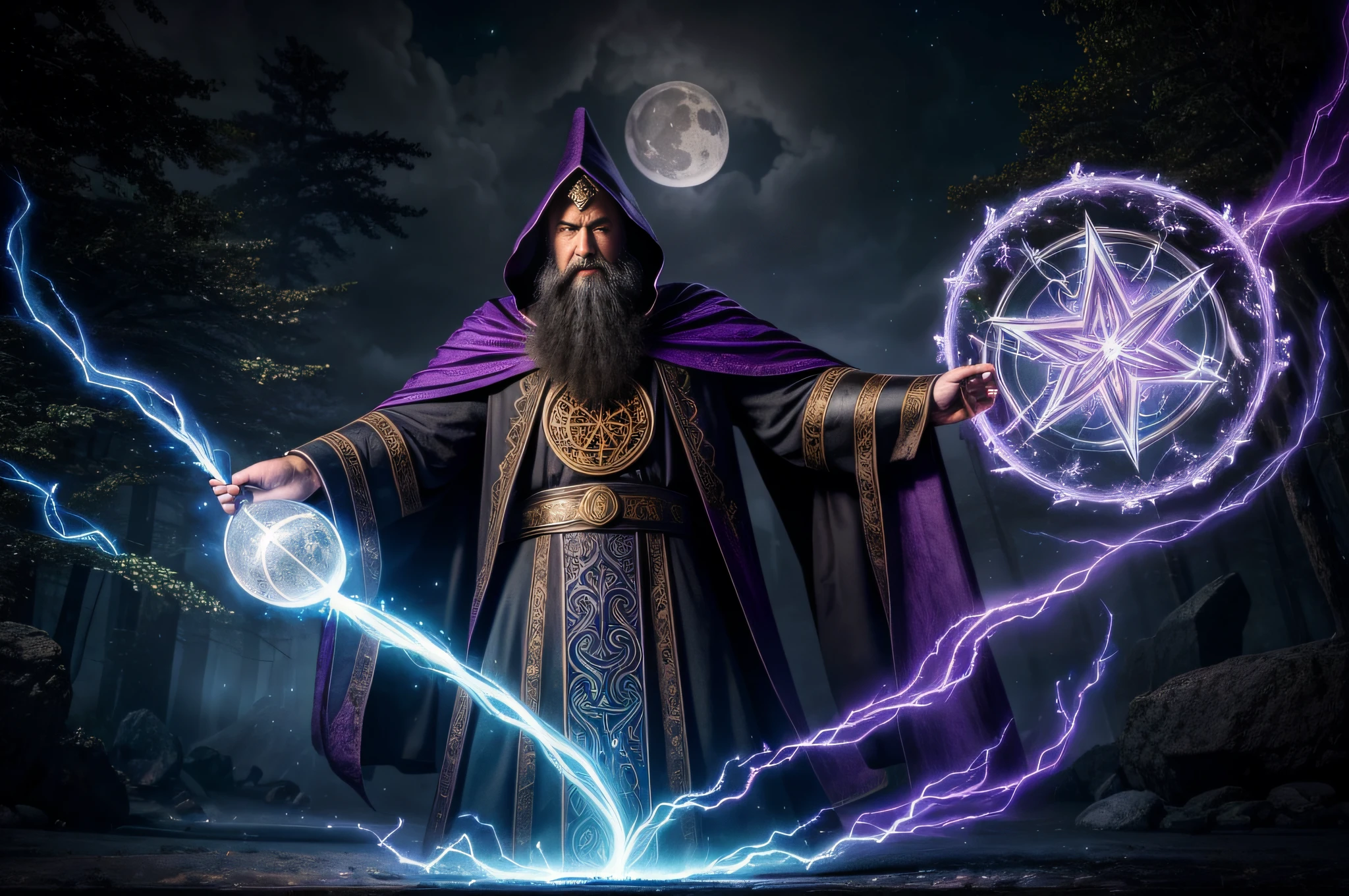 an arcane wizard,(best quality,4k,8k,highres,masterpiece:1.2),spellcasting with detailed hand gestures,glowing purple magical energy,sorcerer in a dark and mysterious tower,creating intricate and complex magic spells,ancient and mystical grimoire,elaborate enchanted robes,crackling lightning bolts and swirling vortexes of power,mystical aura surrounding the wizard,casting a powerful spell with intense concentration,illuminated by the flickering flames of a candle,casting magical illusions in a hazy and ethereal atmosphere,with a backdrop of shimmering stars and a glowing moon,emitting a radiant glow from his staff,controlling the elements with precise control and finesse,creating a powerful and awe-inspiring display of arcane power,featuring intricate and detailed magical symbols and runes,unleashing a dazzling display of arcane fireworks and explosions,transporting the viewer to a world of magic and wonder,with a sense of ancient wisdom and mysticism.