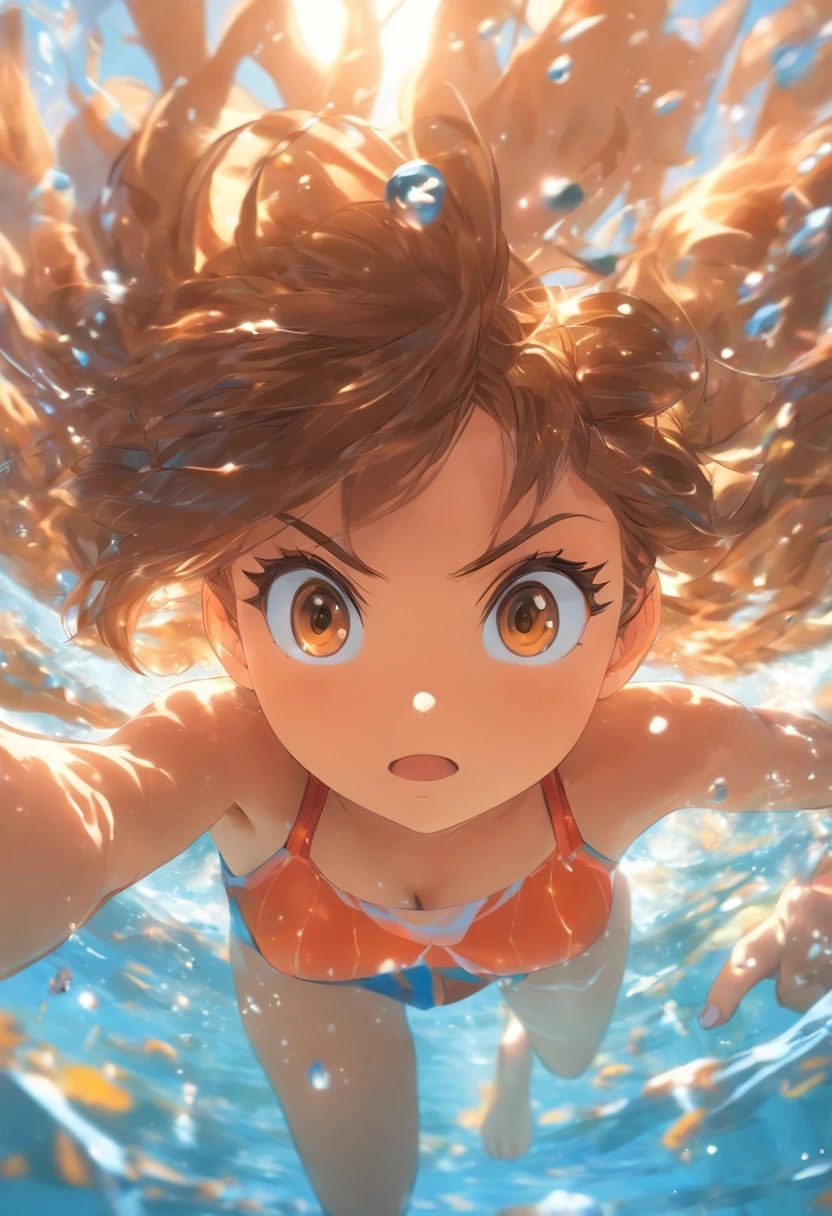 foreshortening, Depth of field, Masterpiece, Best Quality, 1Girl, Brown hair, Brown eyes, Long hair, under water, air bubble, Solo, looking up at viewer, school swimsuit, bathing, dappled sunlight,