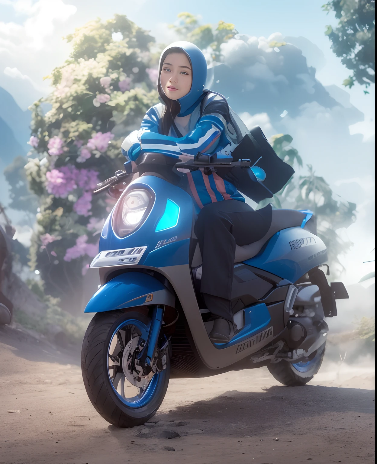 Highest image quality, outstanding details, ultra-high resolution, (realism: 1.4), the best illustration, favor details, highly condensed 1girl, with a delicate and beautiful face, dressed in a blue and fuschia mecha, wearing a mecha helmet, holding a directional controller, riding on a motorcycle, the background is a high-tech lighting scene of the future city.