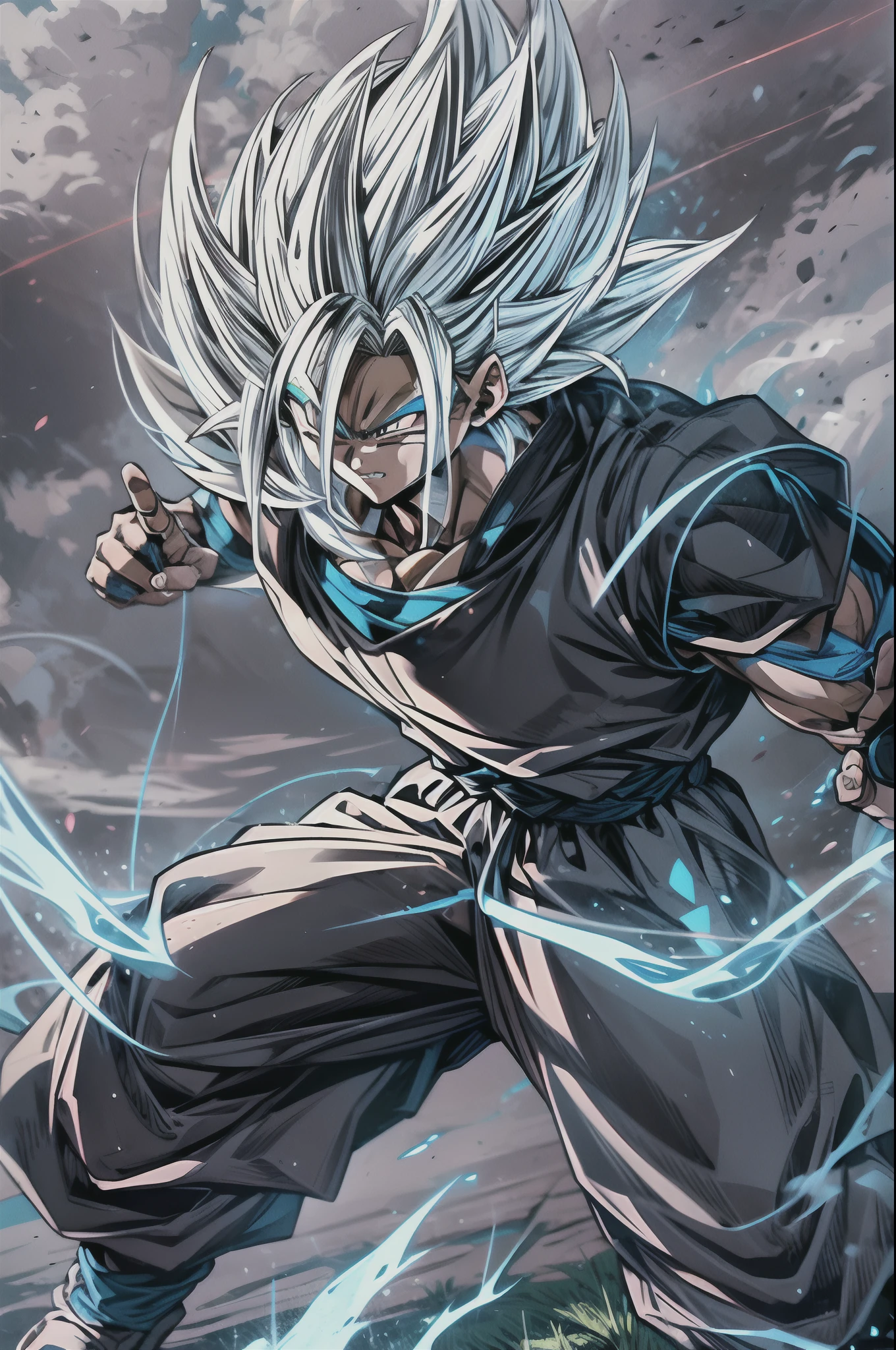 Supreme Super Saiyan,full body tall hair, brown hair, black and white clothing, clothing with blue lines, DBZM Dragon Ball, stunning aura, lots of action, black clothes with gray, lots of Ki energy, grass background, robotic
