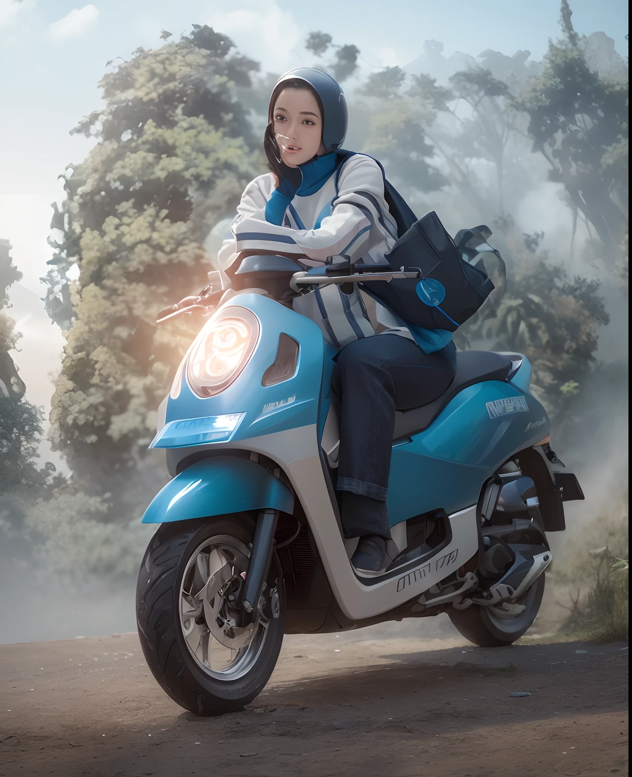 Highest image quality, outstanding details, ultra-high resolution, (realism: 1.4), the best illustration, favor details, highly condensed 1girl, with a delicate and beautiful face, dressed in a blue and fuschia mecha, wearing a mecha helmet, holding a directional controller, riding on a motorcycle, the background is a high-tech lighting scene of the future city.